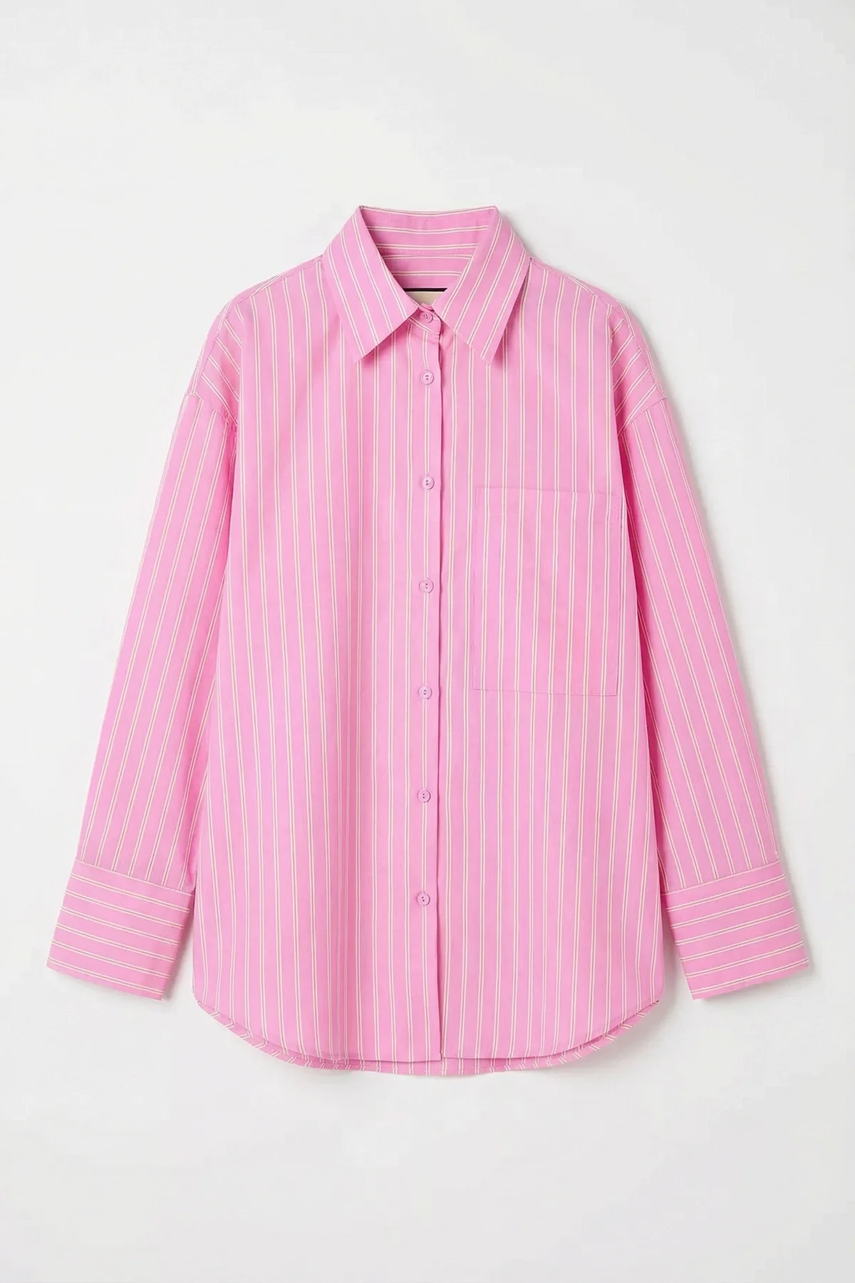 Kadın Oversize/bol Kesim Tek Cepli Pembe Çizgili Gömlek