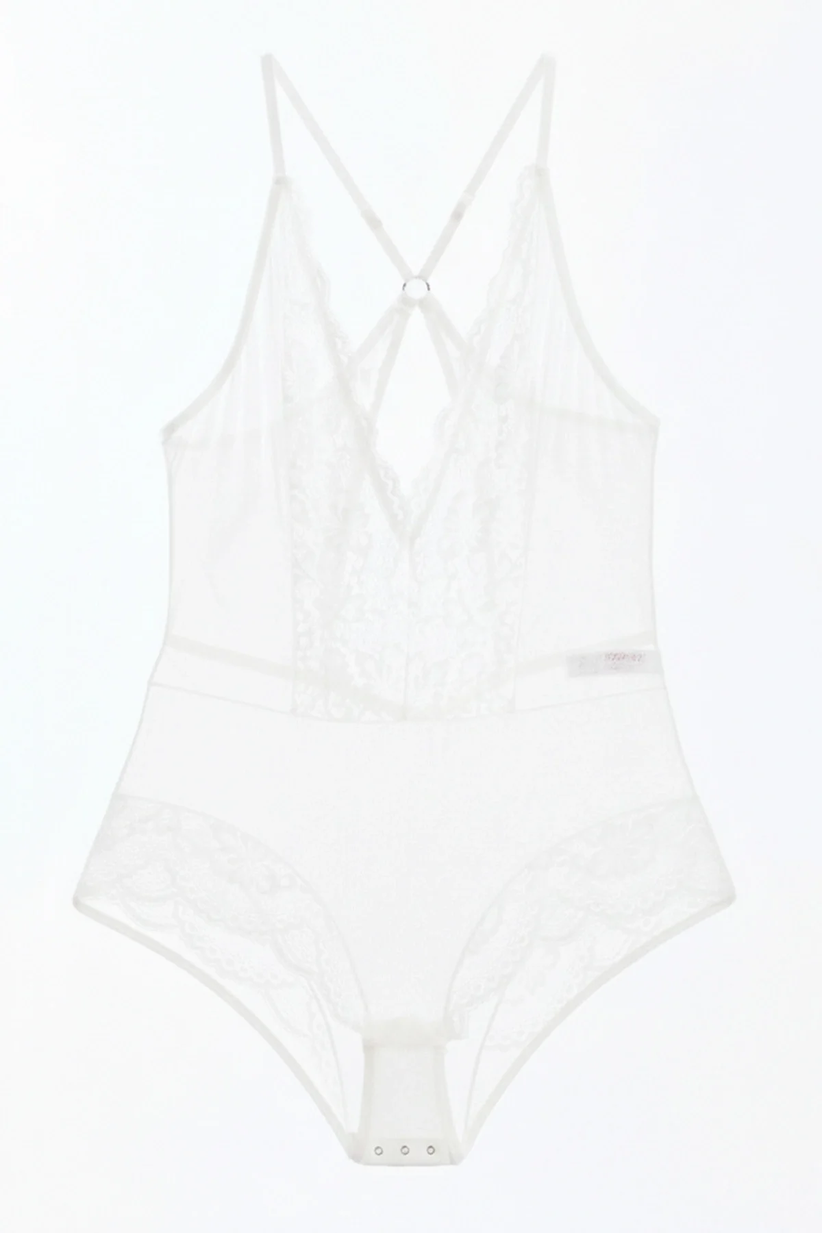 Beyaz Çıtçıtlı Dantel Transparan Sırt İpli Bodysuit