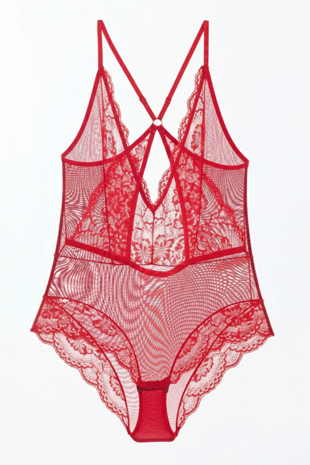 Kırmızı Çıtçıtlı Dantel Transparan Sırt İpli Bodysuit