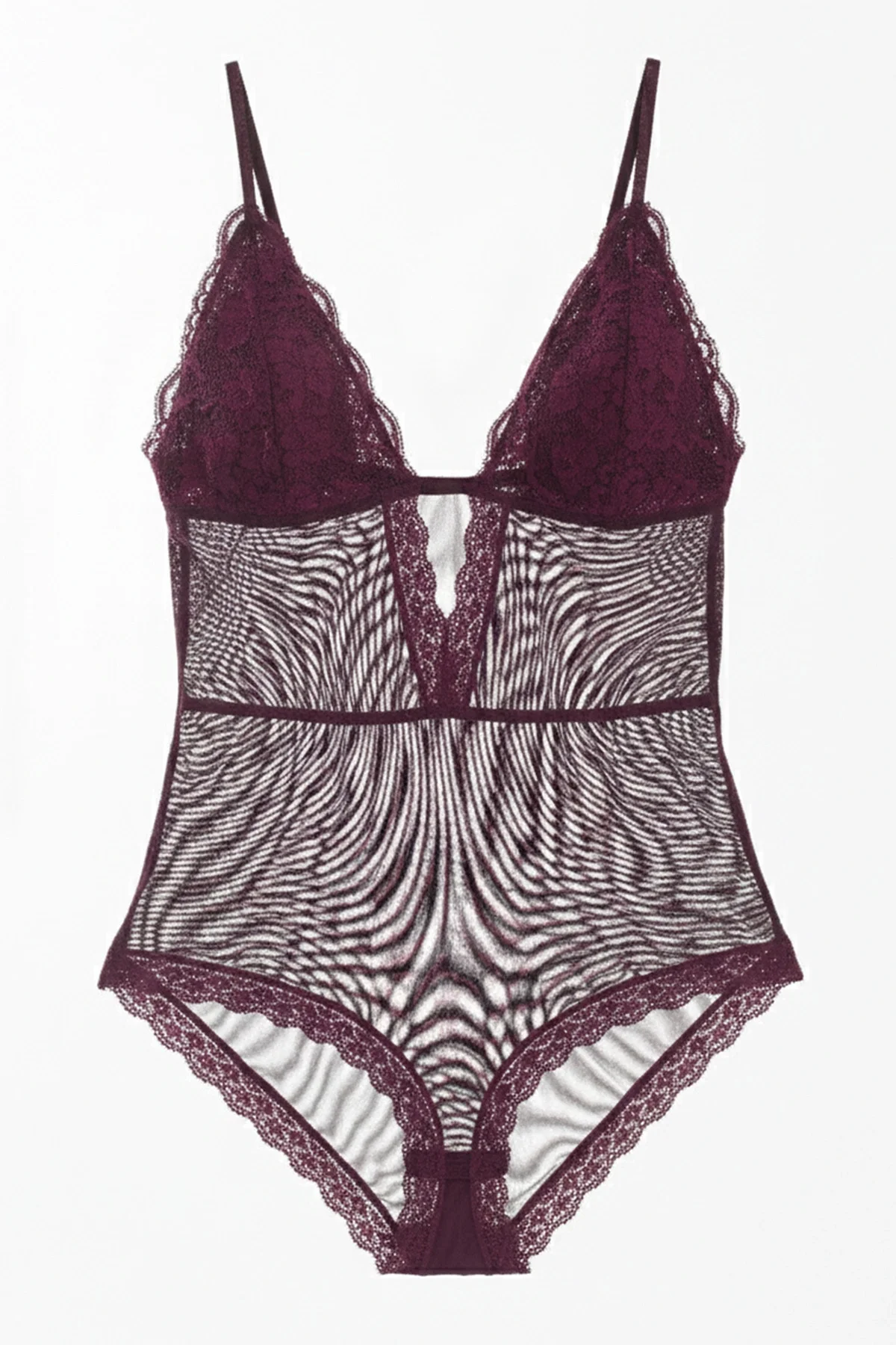 Mürdüm Çıtçıtlı Dantel Transparan Sırt İpli Bodysuit