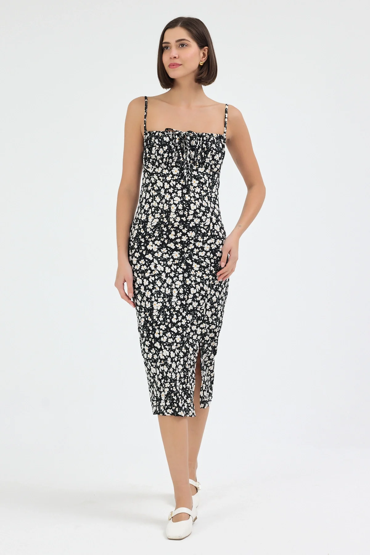 Kadın Siyah Çiçekli Kadın Yırtmaçlı Elbise