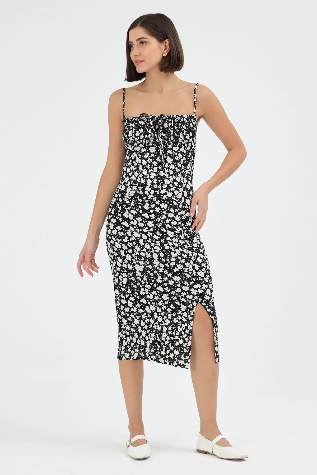 Kadın Siyah Çiçekli Kadın Yırtmaçlı Elbise