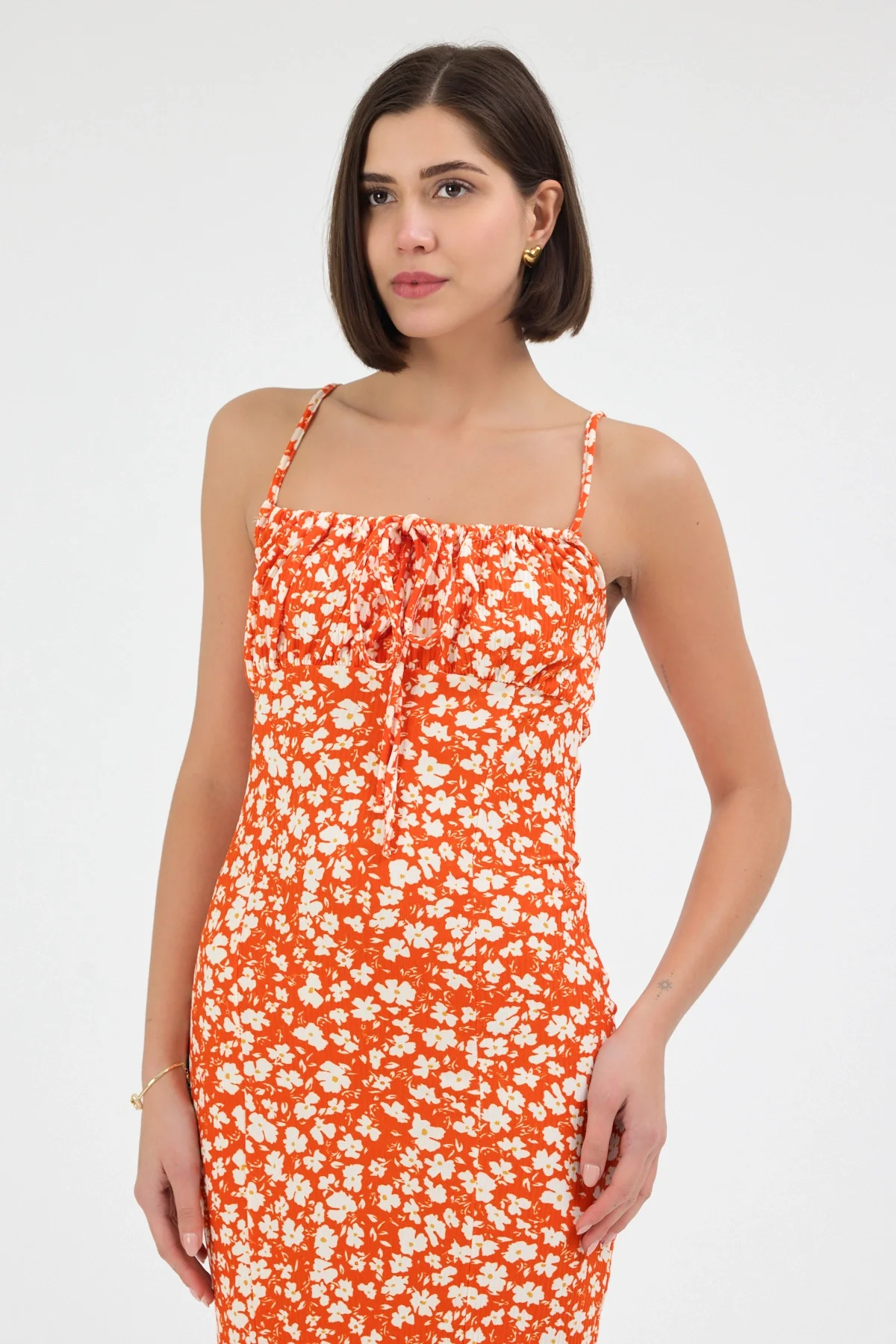 Kadın Turuncu Çiçekli Kadın Yırtmaçlı Elbise