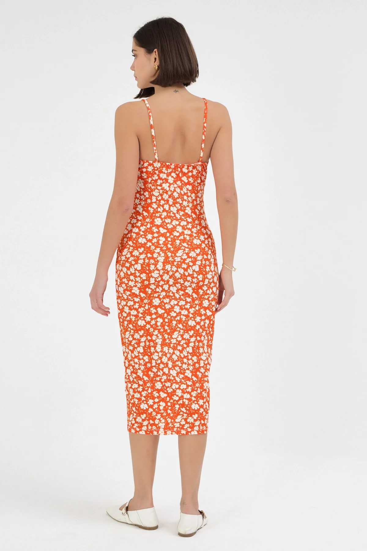 Kadın Turuncu Çiçekli Kadın Yırtmaçlı Elbise