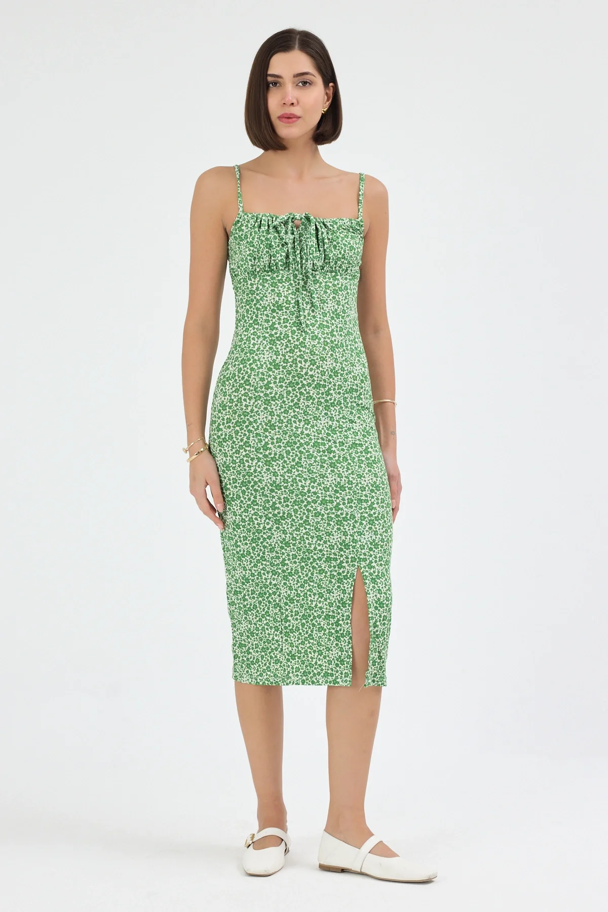 Kadın Yeşil Çiçekli Kadın Yırtmaçlı Elbise