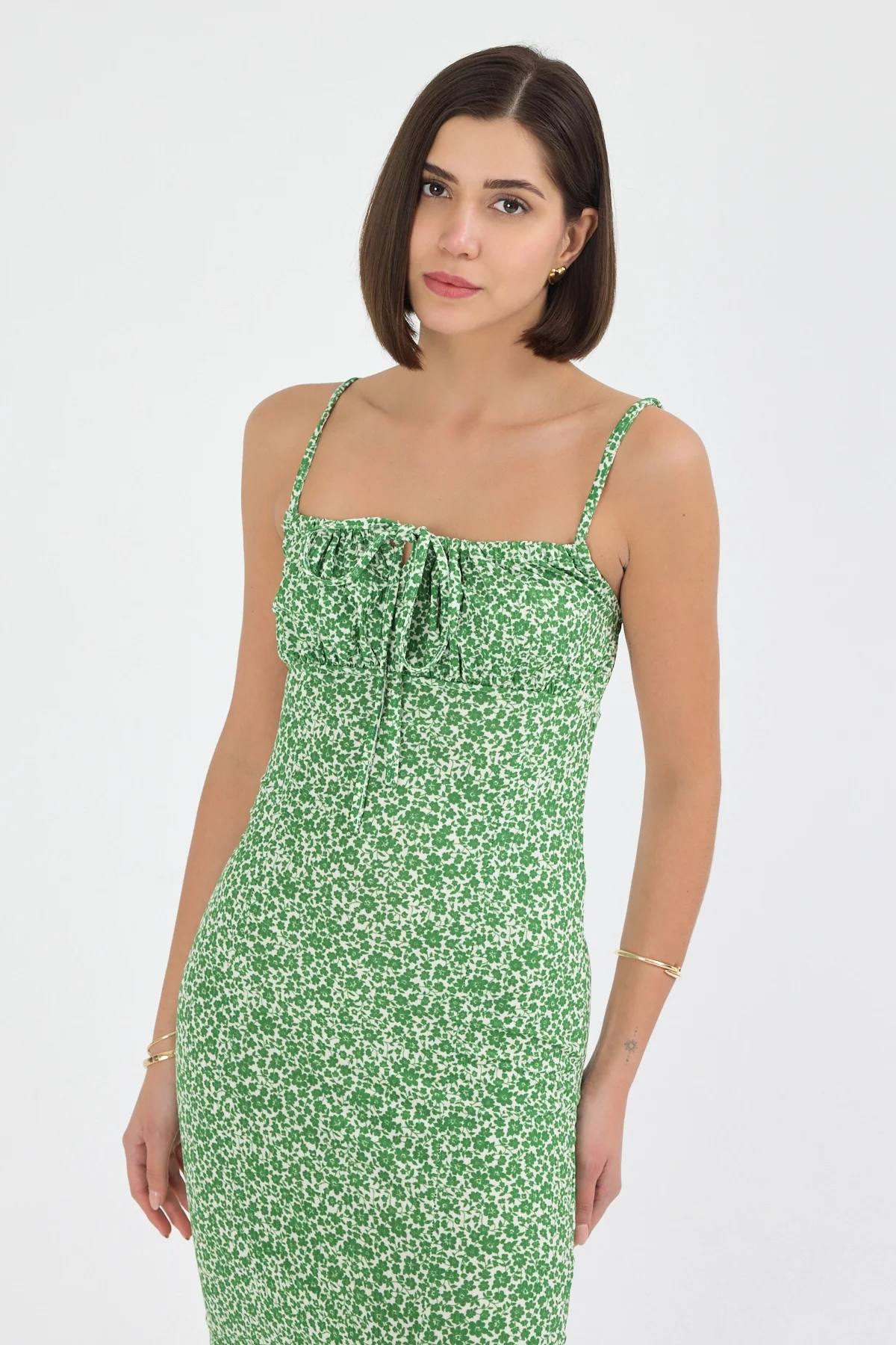 Kadın Yeşil Çiçekli Kadın Yırtmaçlı Elbise