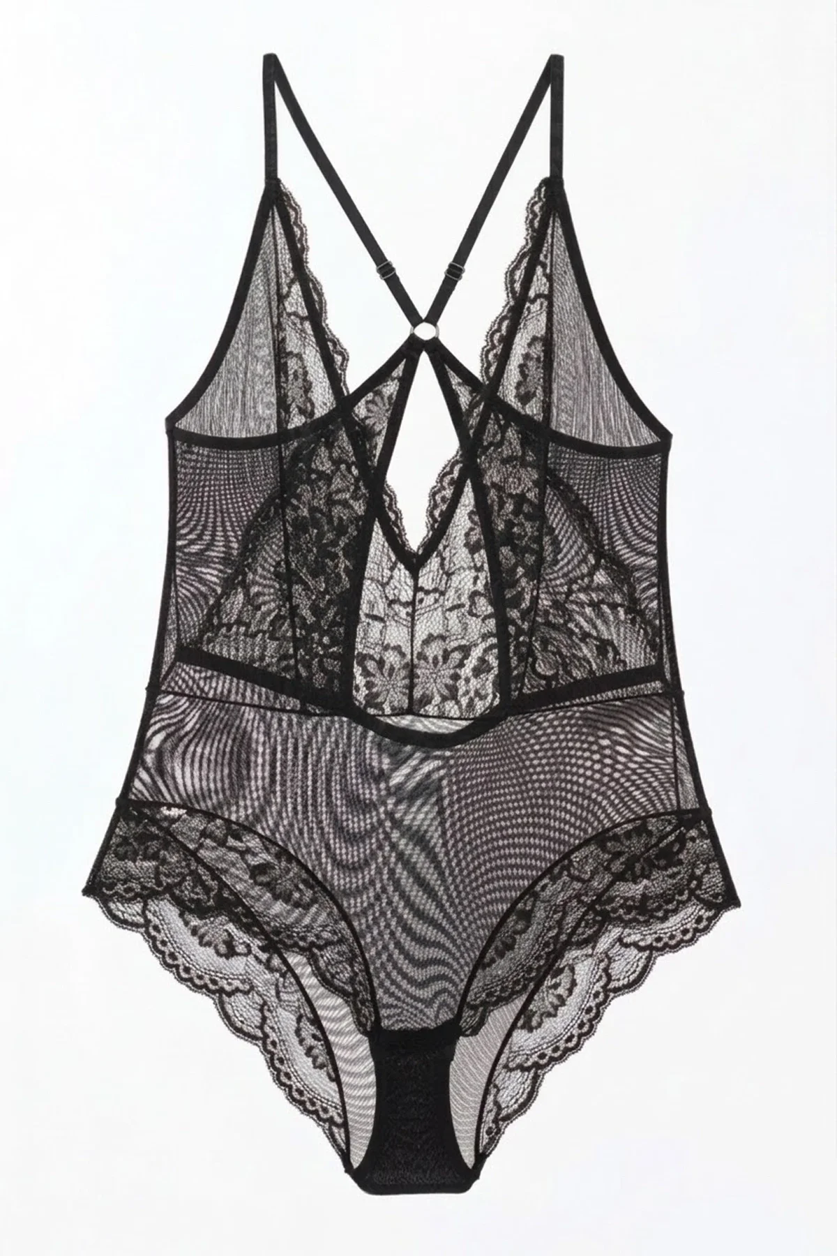 Siyah Çıtçıtlı Dantel Transparan Sırt İpli Bodysuit