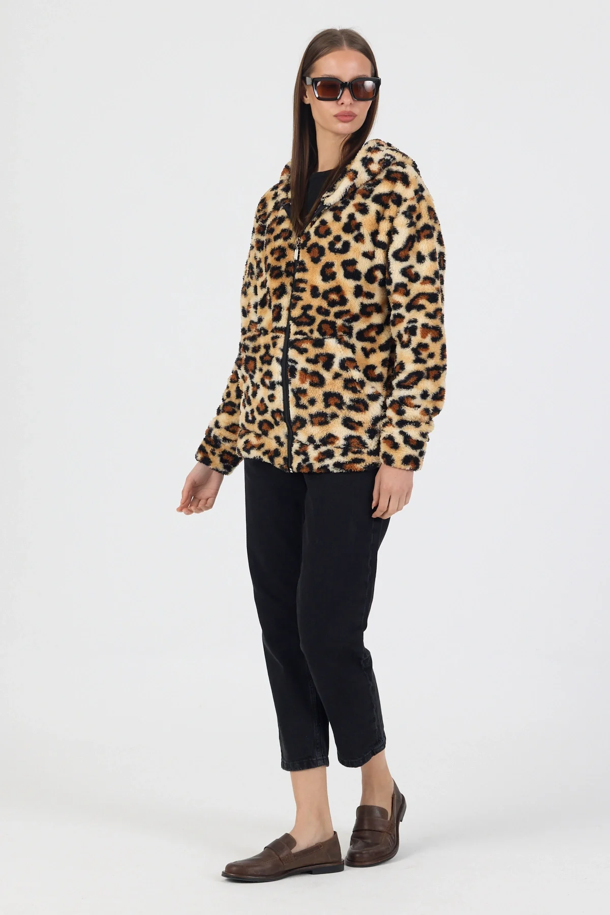 Kadın Kapüşonlu Fermuarlı Welsoft Yumuşak Kumaş Leopar Desenli Peluş Polar