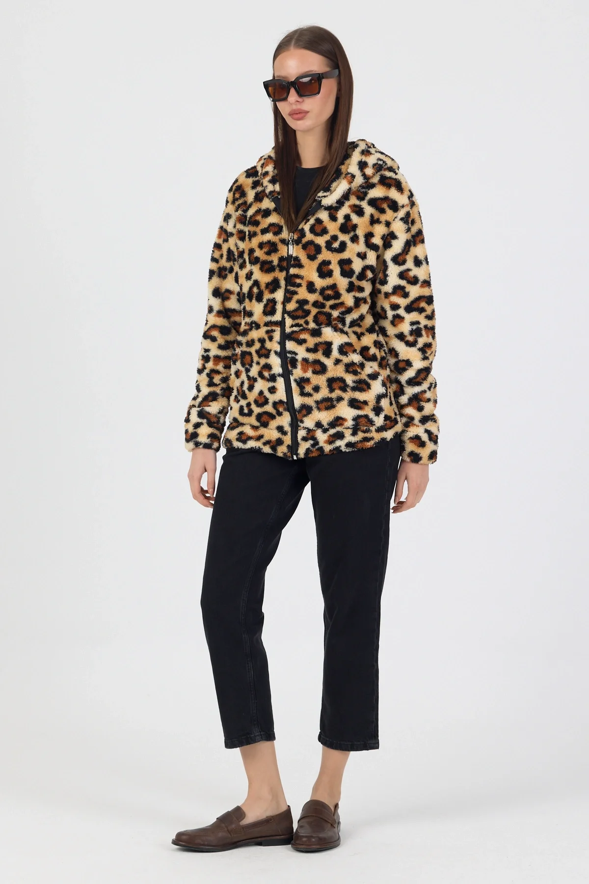 Kadın Kapüşonlu Fermuarlı Welsoft Yumuşak Kumaş Leopar Desenli Peluş Polar
