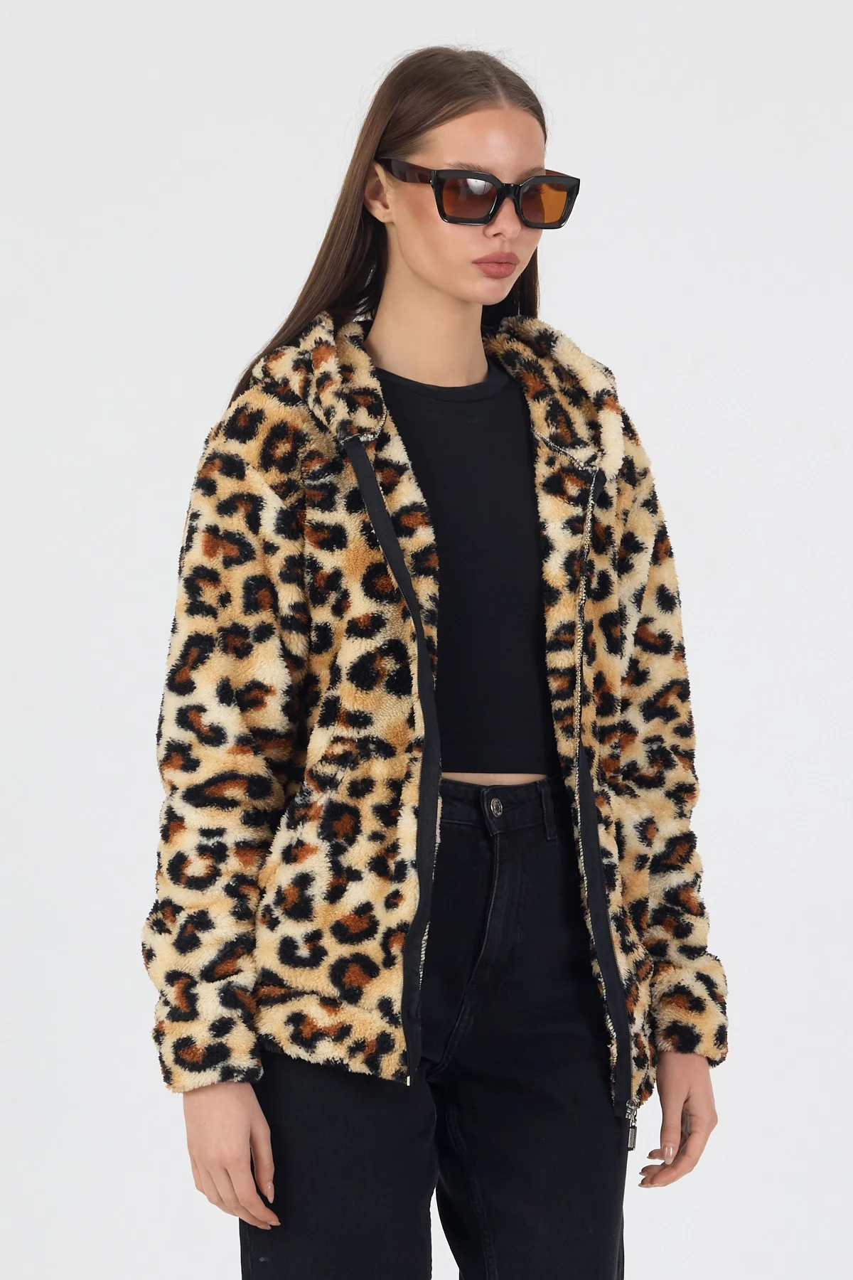 Kadın Kapüşonlu Fermuarlı Welsoft Yumuşak Kumaş Leopar Desenli Peluş Polar