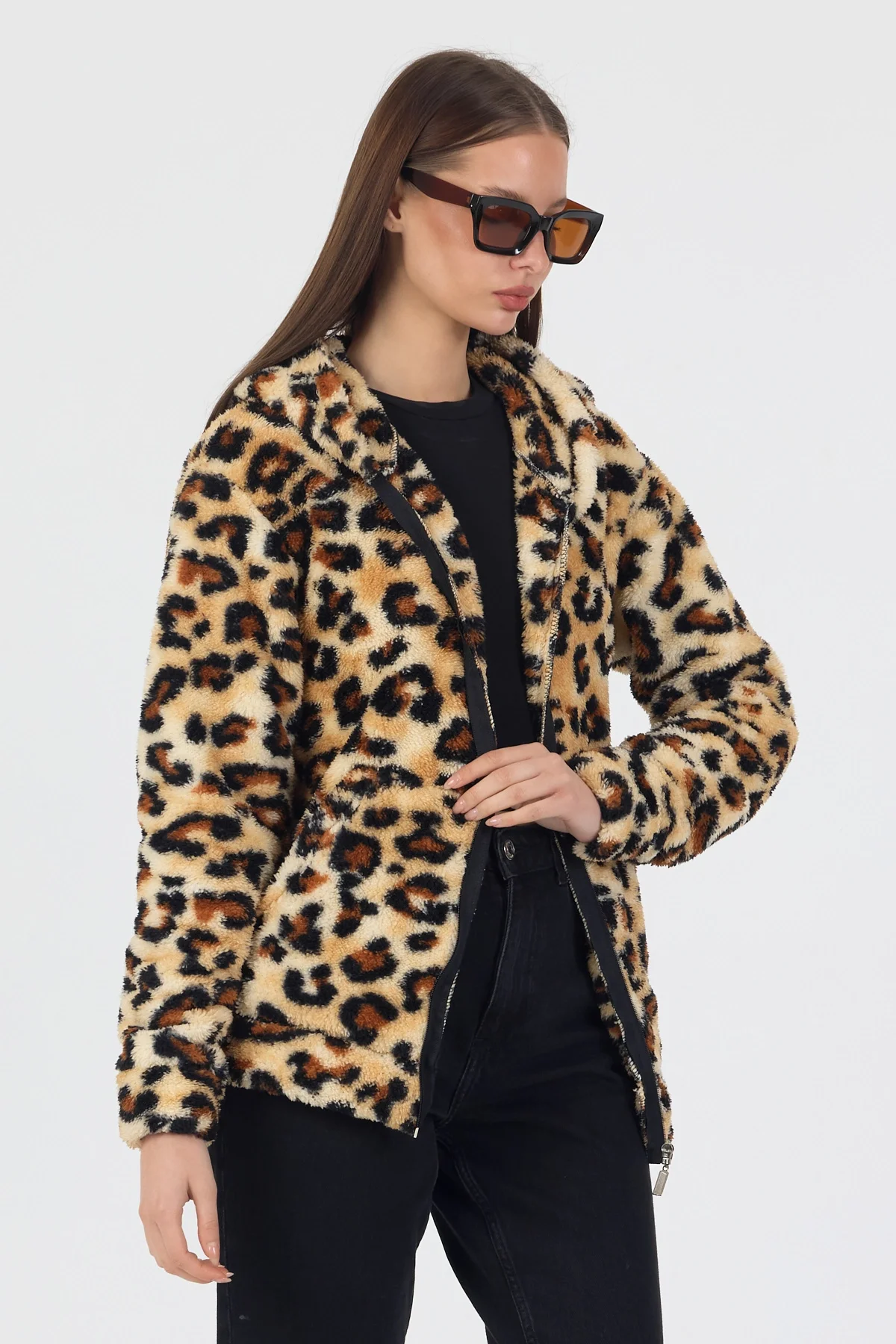 Kadın Kapüşonlu Fermuarlı Welsoft Yumuşak Kumaş Leopar Desenli Peluş Polar