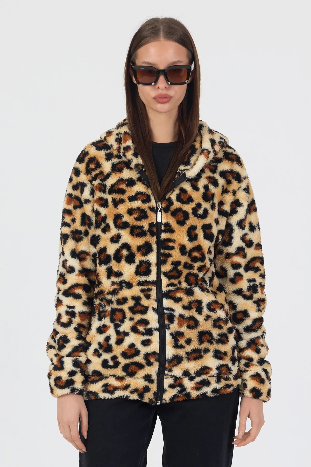 Kadın Kapüşonlu Fermuarlı Welsoft Yumuşak Kumaş Leopar Desenli Peluş Polar