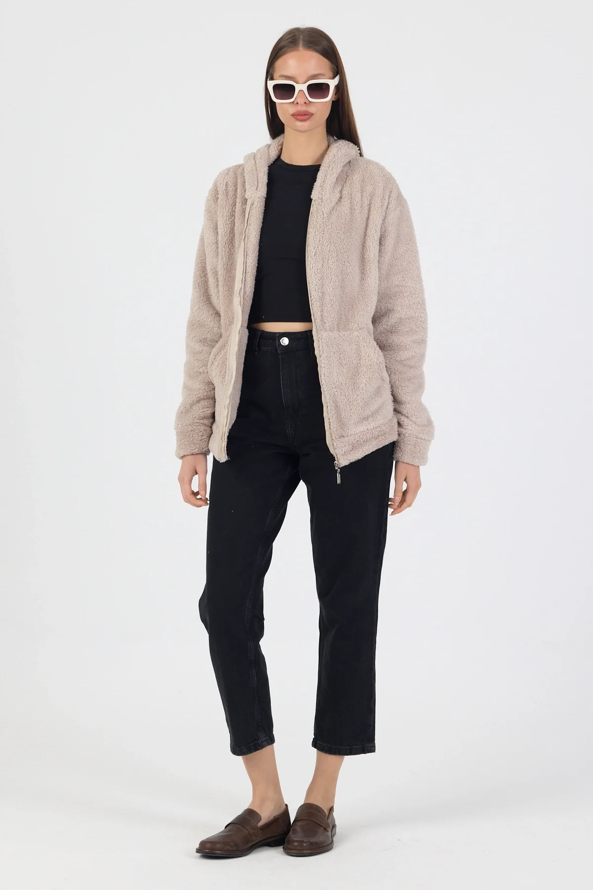 Kadın Kapüşonlu Fermuarlı Welsoft Yumuşak Kumaş Krem Peluş Polar