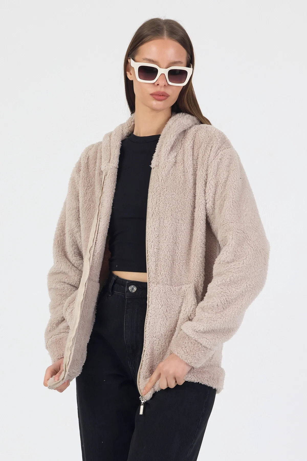 Kadın Kapüşonlu Fermuarlı Welsoft Yumuşak Kumaş Krem Peluş Polar