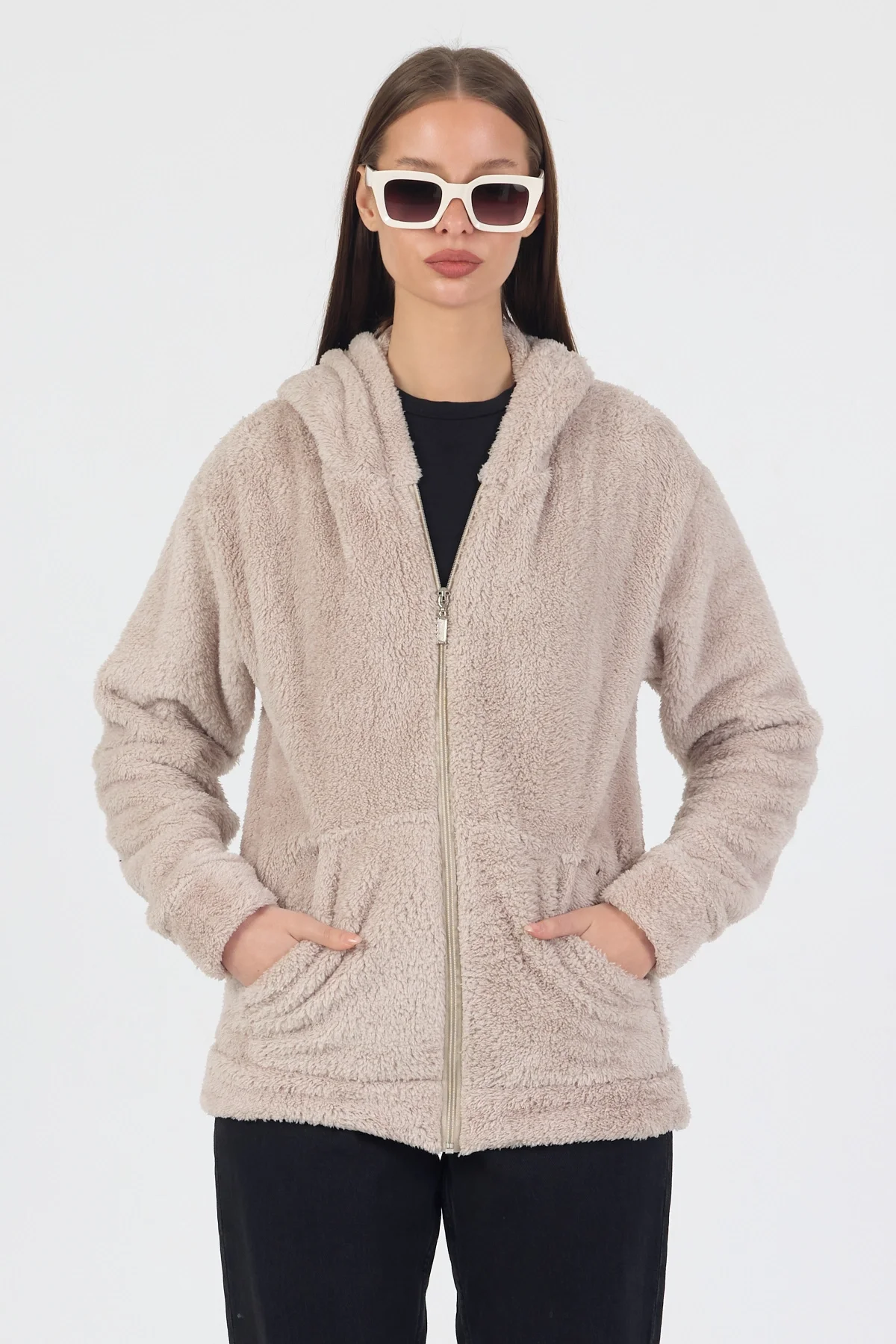 Kadın Kapüşonlu Fermuarlı Welsoft Yumuşak Kumaş Krem Peluş Polar