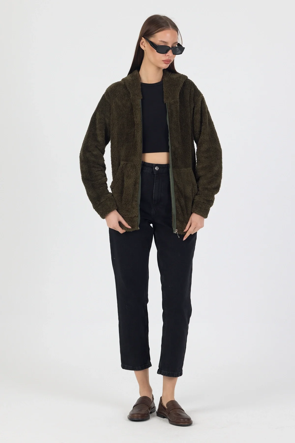 Kadın Kapüşonlu Fermuarlı Welsoft Yumuşak Kumaş Yeşil Peluş Polar