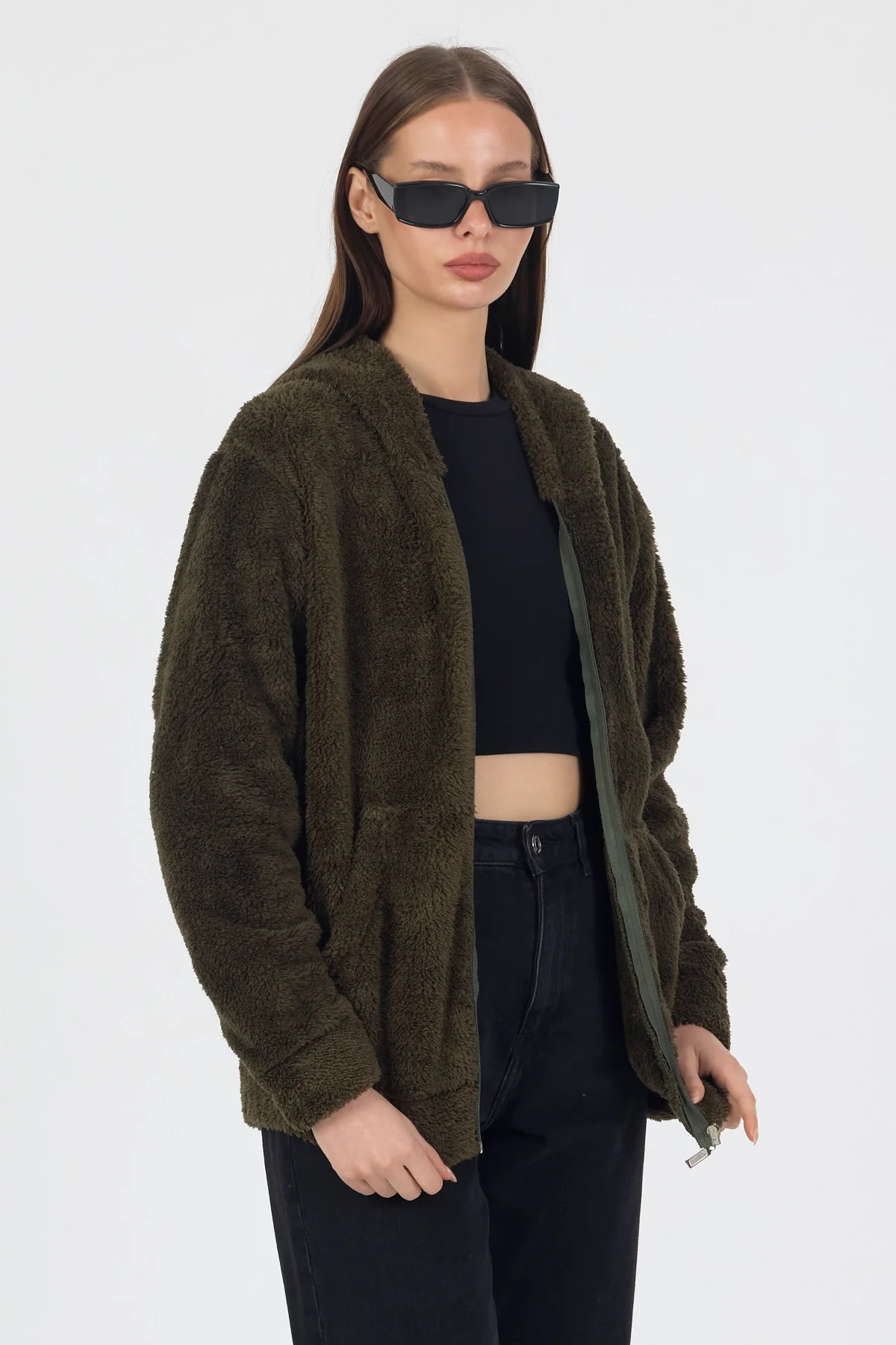 Kadın Kapüşonlu Fermuarlı Welsoft Yumuşak Kumaş Yeşil Peluş Polar