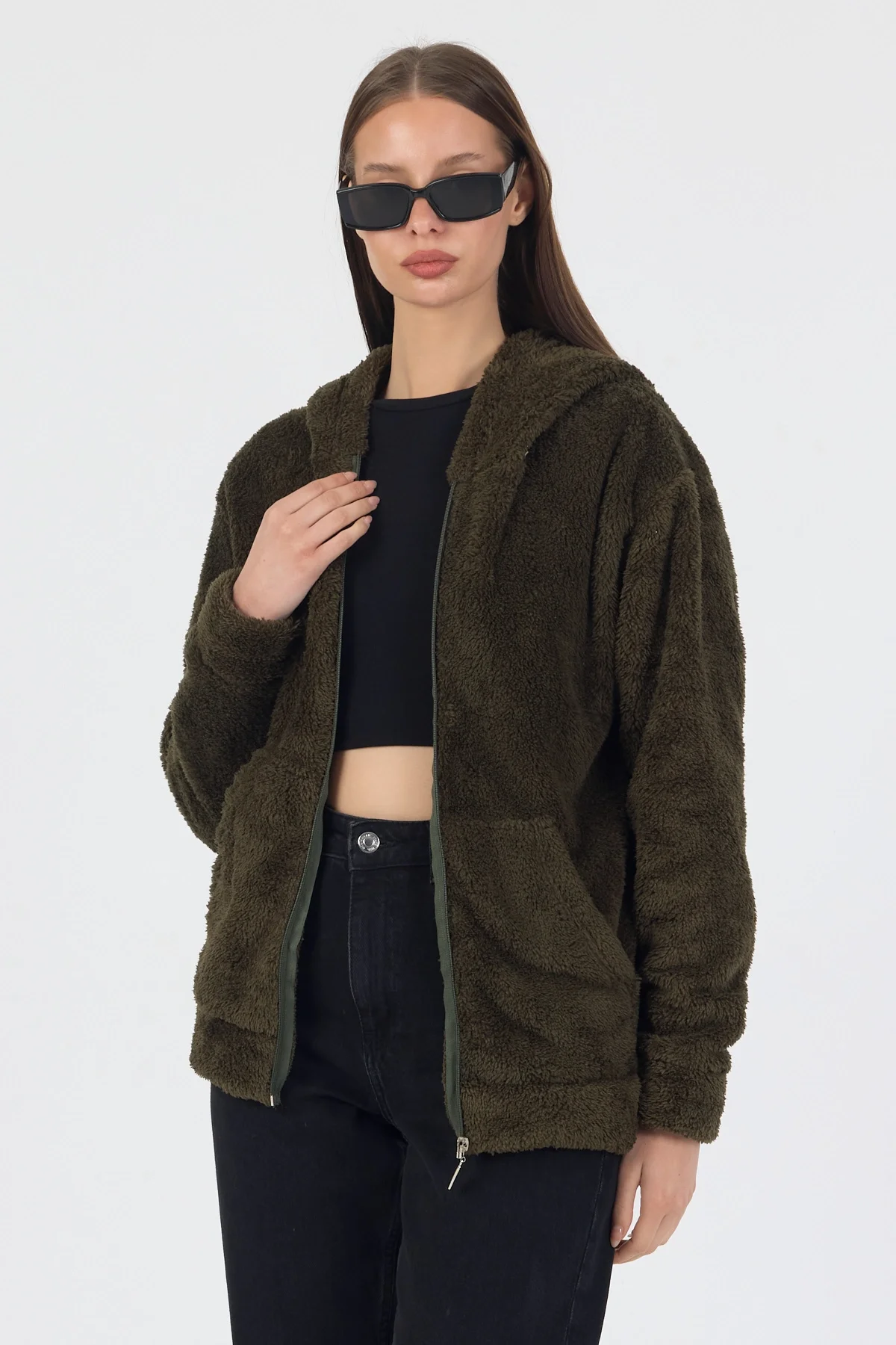 Kadın Kapüşonlu Fermuarlı Welsoft Yumuşak Kumaş Yeşil Peluş Polar