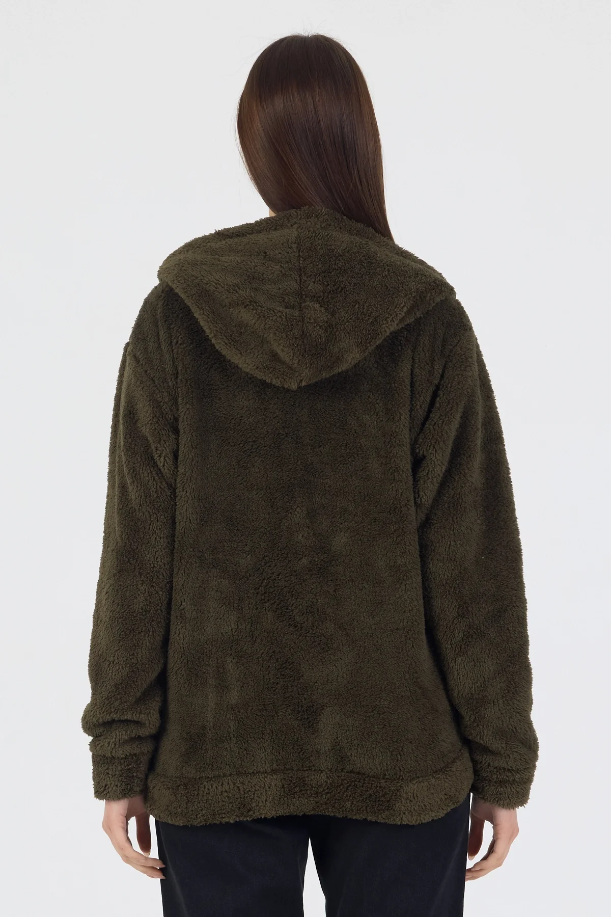 Kadın Kapüşonlu Fermuarlı Welsoft Yumuşak Kumaş Yeşil Peluş Polar
