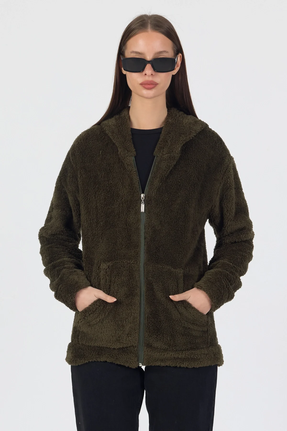 Kadın Kapüşonlu Fermuarlı Welsoft Yumuşak Kumaş Yeşil Peluş Polar