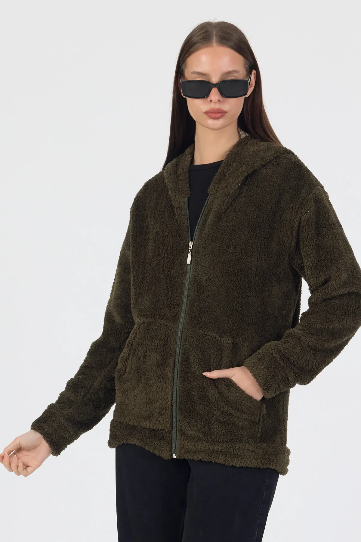 Kadın Kapüşonlu Fermuarlı Welsoft Yumuşak Kumaş Yeşil Peluş Polar