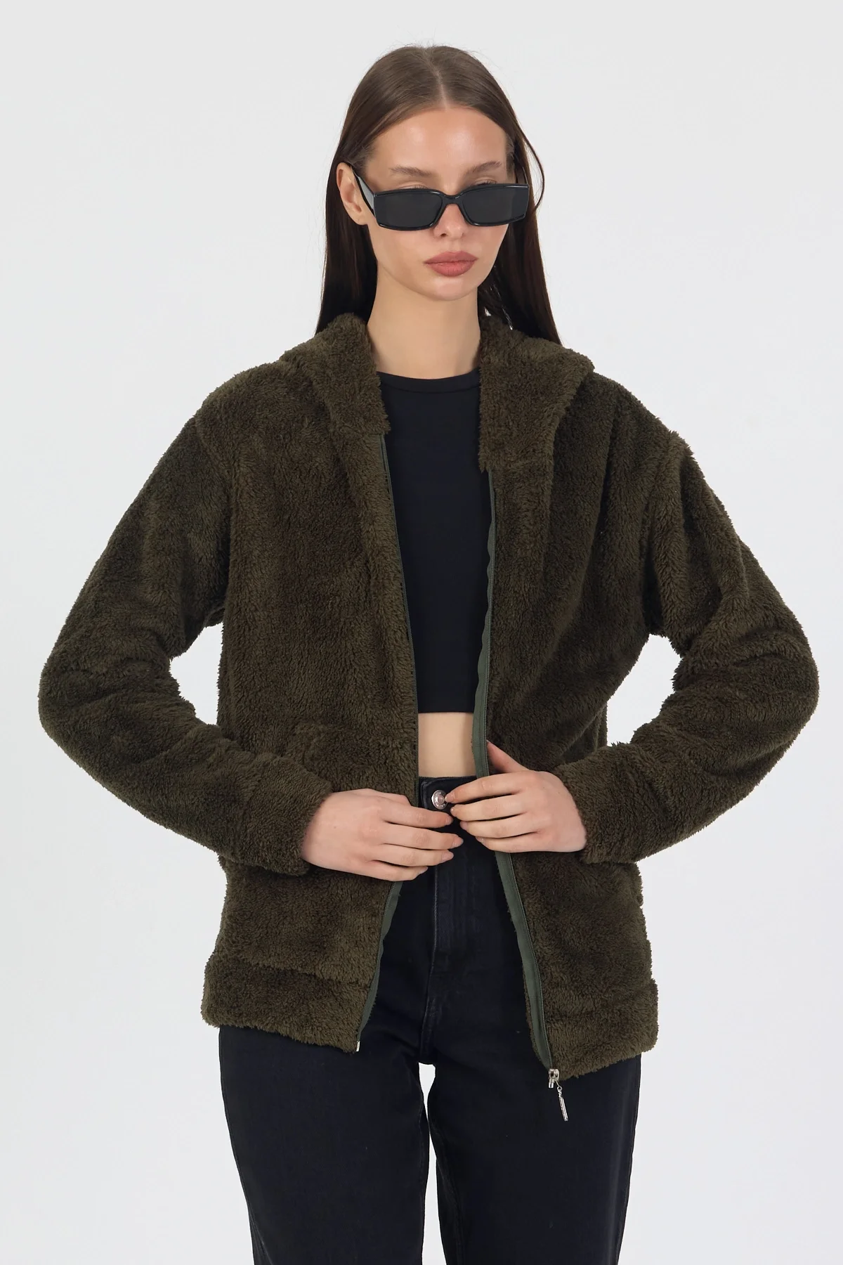 Kadın Kapüşonlu Fermuarlı Welsoft Yumuşak Kumaş Yeşil Peluş Polar