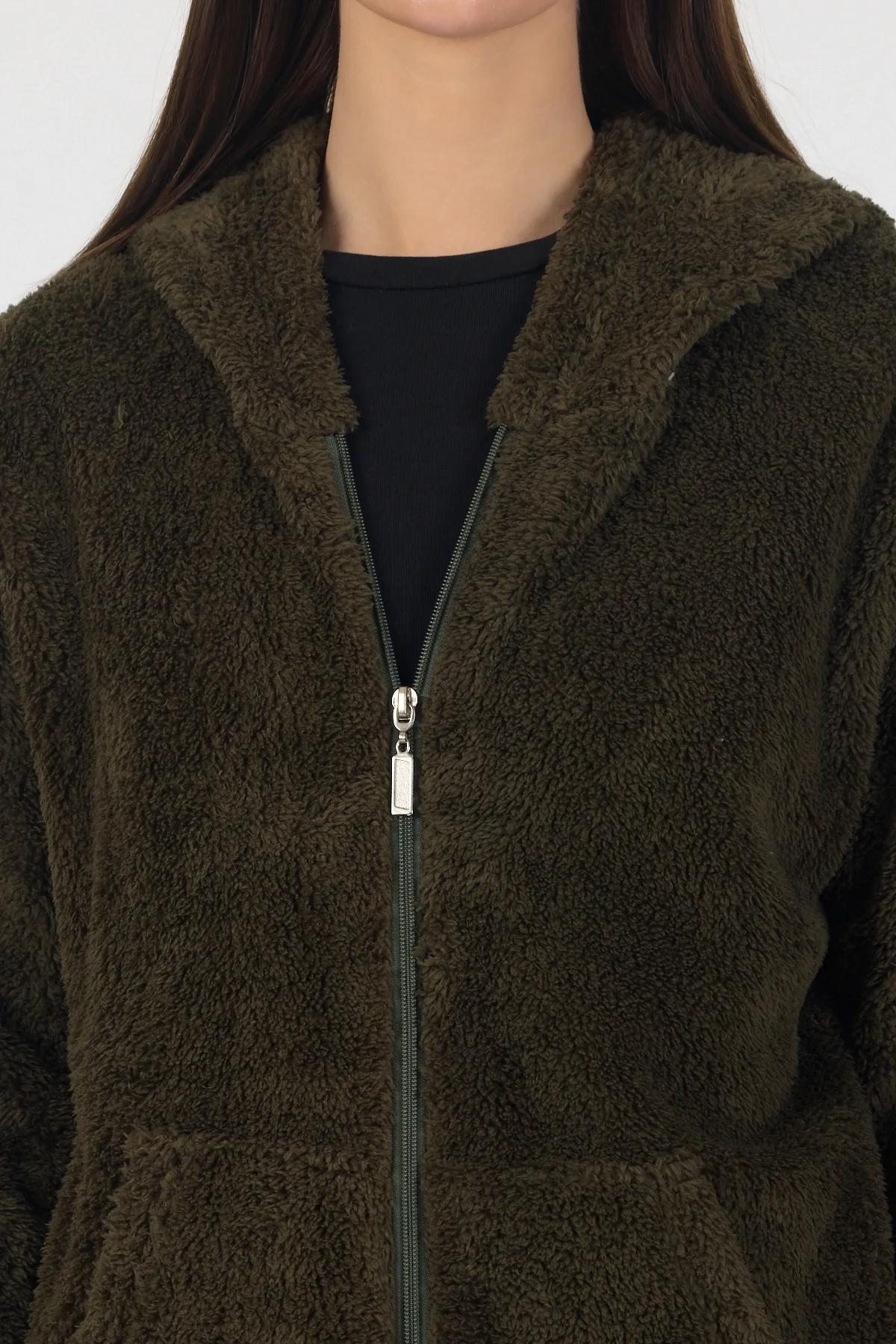 Kadın Kapüşonlu Fermuarlı Welsoft Yumuşak Kumaş Yeşil Peluş Polar