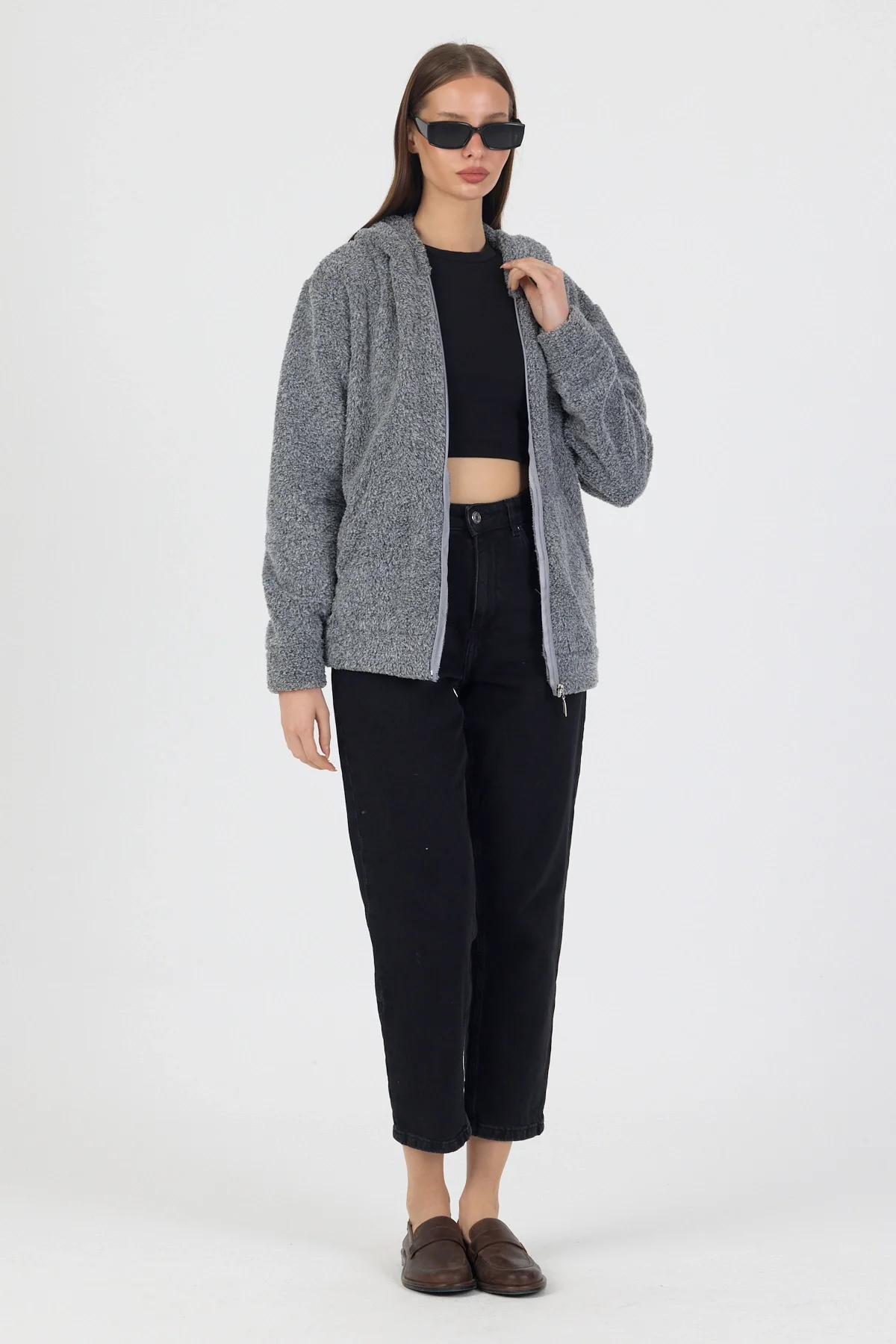 Kadın Kapüşonlu Fermuarlı Welsoft Yumuşak Kumaş Gri Peluş Polar