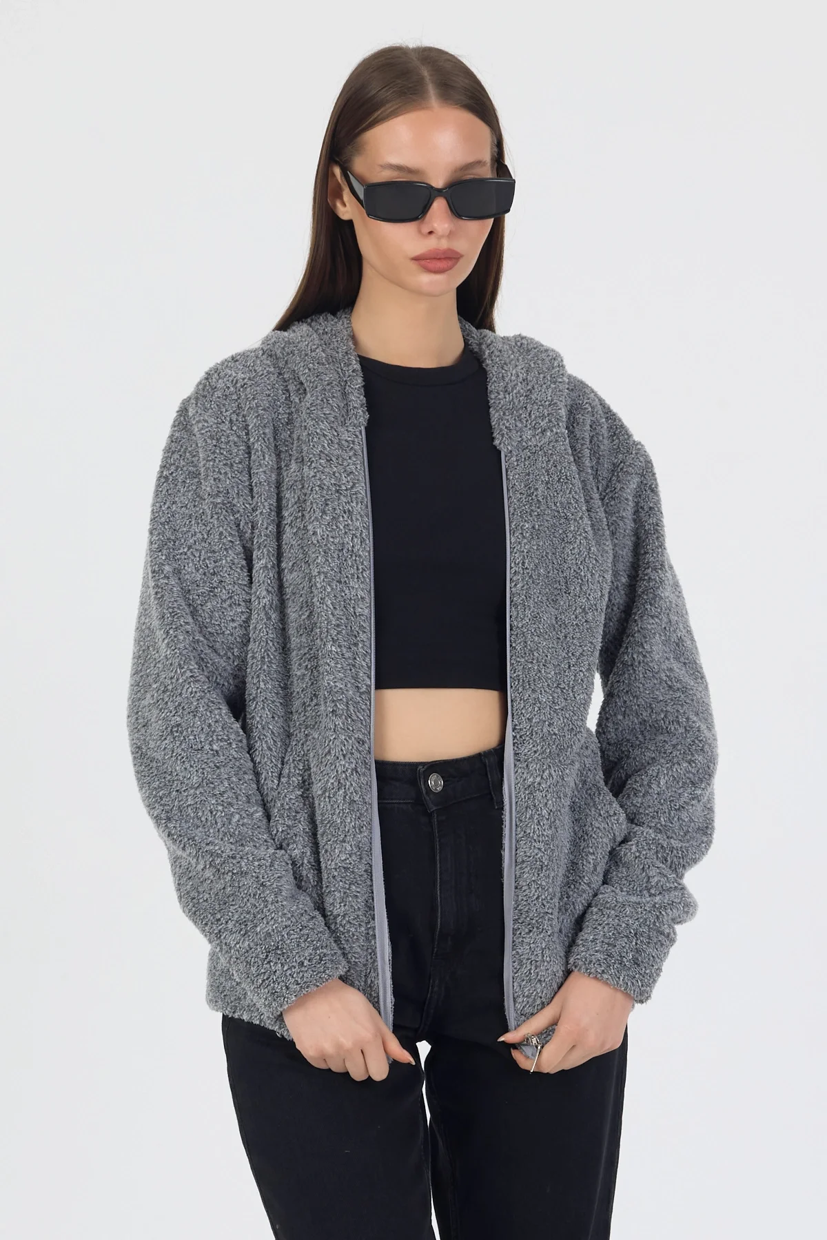 Kadın Kapüşonlu Fermuarlı Welsoft Yumuşak Kumaş Gri Peluş Polar