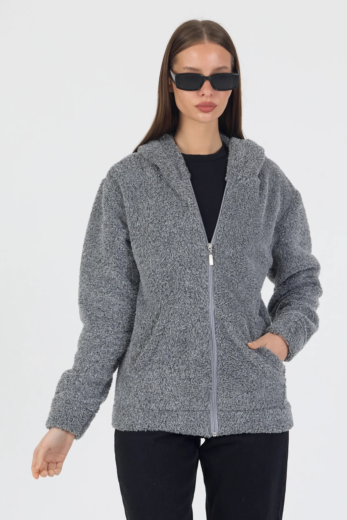Kadın Kapüşonlu Fermuarlı Welsoft Yumuşak Kumaş Gri Peluş Polar