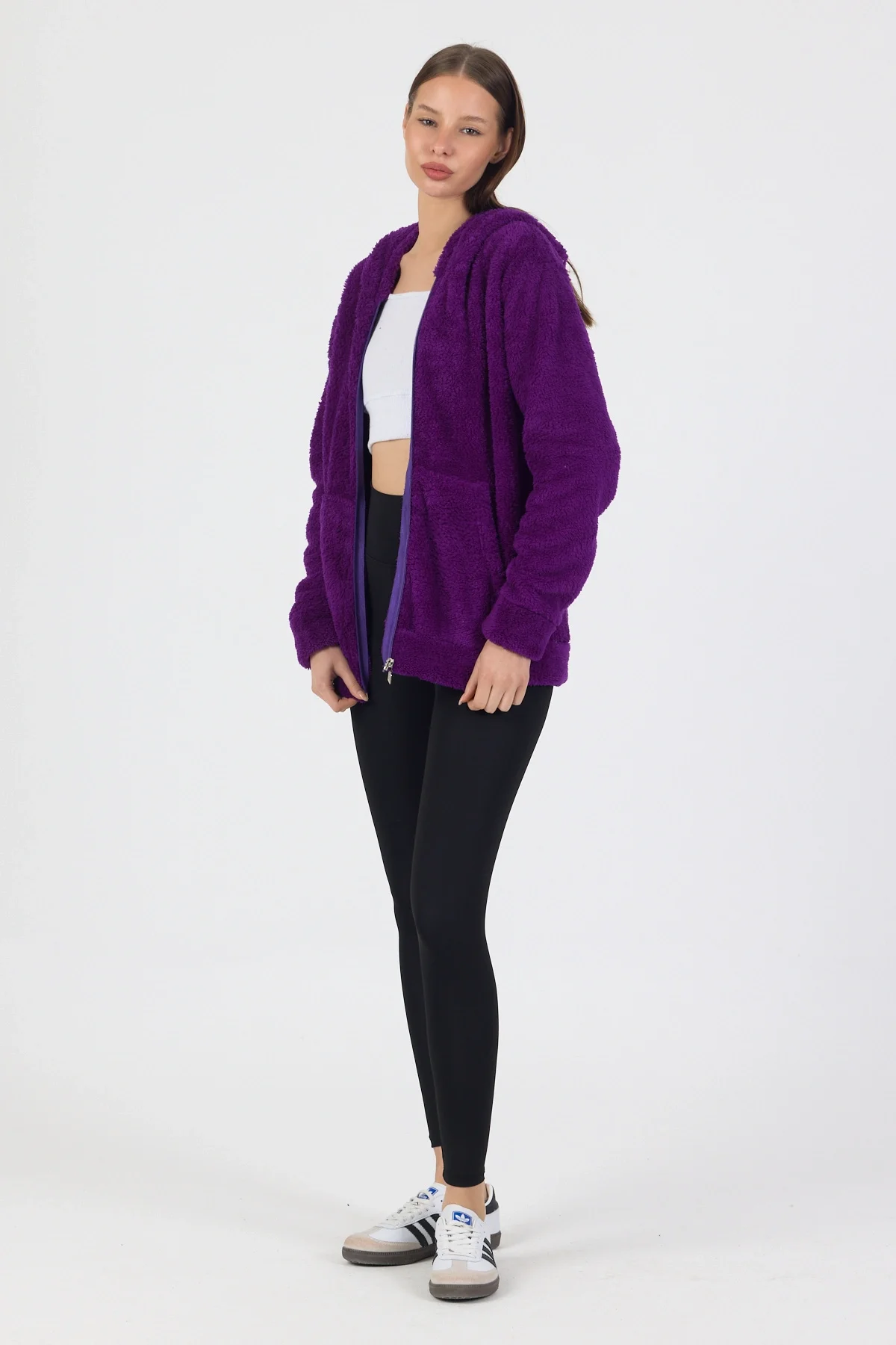 Kadın Kapüşonlu Fermuarlı Welsoft Yumuşak Kumaş Mor Peluş Polar