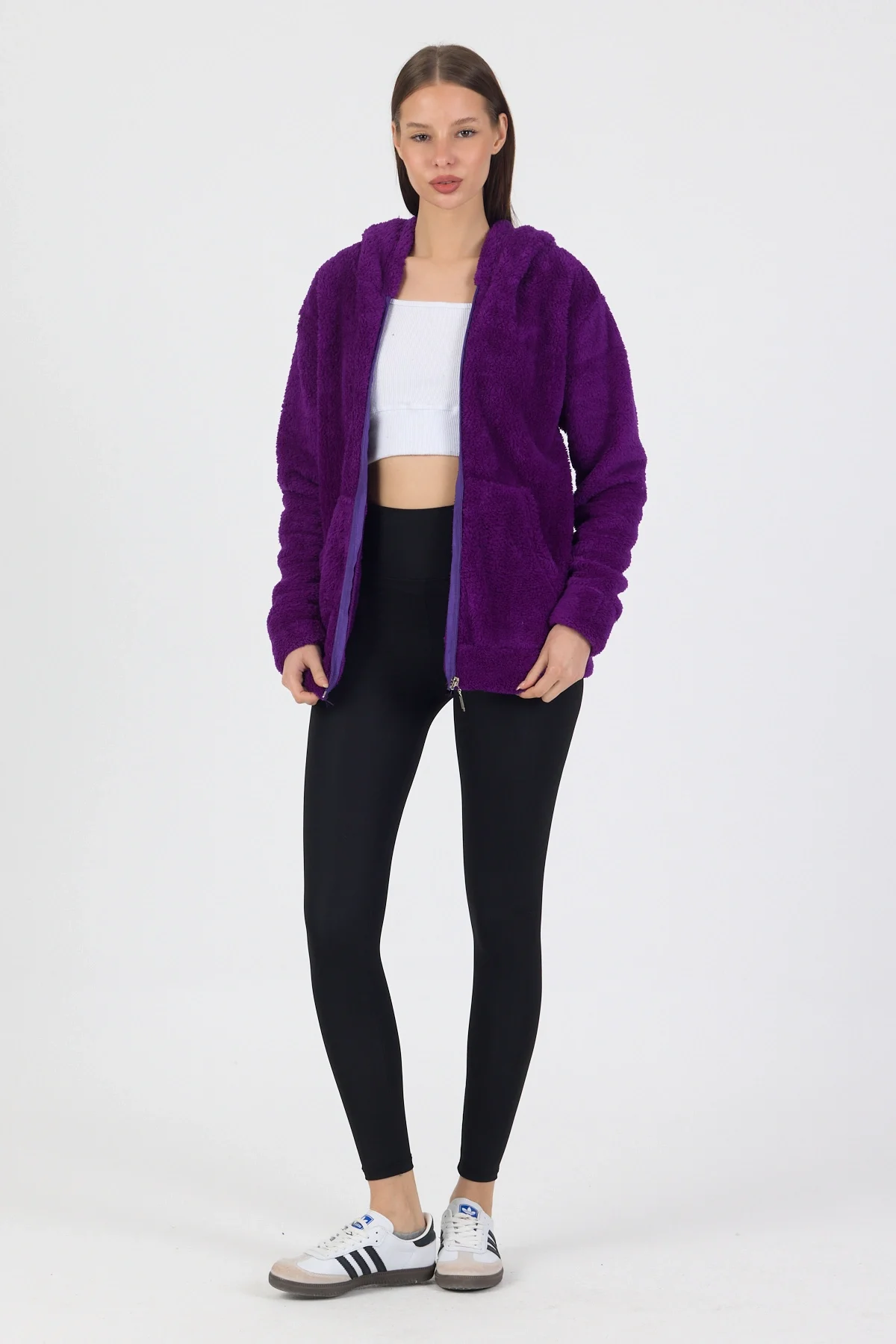 Kadın Kapüşonlu Fermuarlı Welsoft Yumuşak Kumaş Mor Peluş Polar