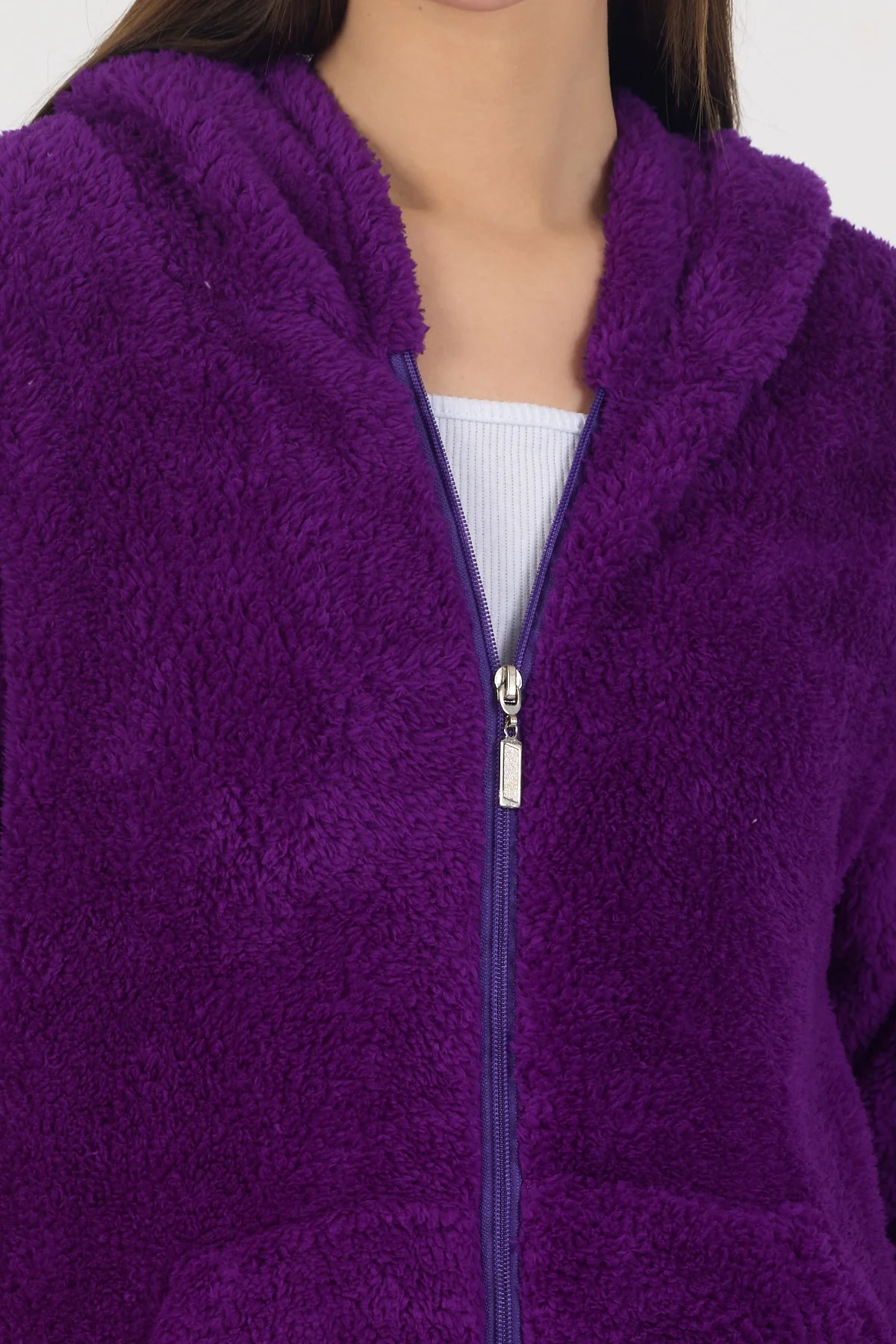 Kadın Kapüşonlu Fermuarlı Welsoft Yumuşak Kumaş Mor Peluş Polar
