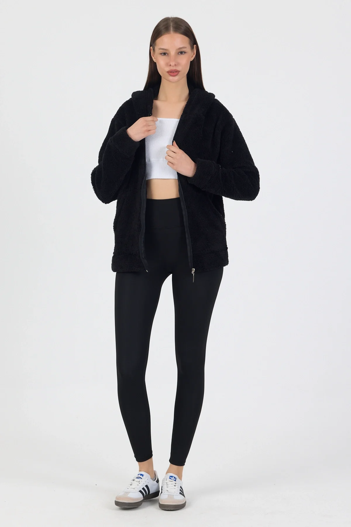 Kadın Kapüşonlu Fermuarlı Welsoft Yumuşak Kumaş Siyah Peluş Polar