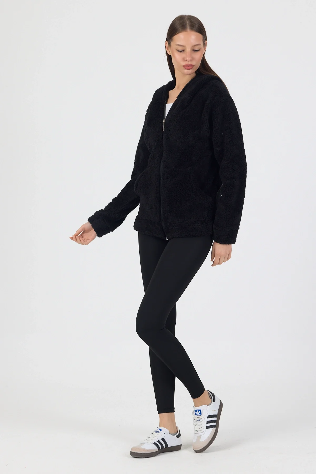 Kadın Kapüşonlu Fermuarlı Welsoft Yumuşak Kumaş Siyah Peluş Polar
