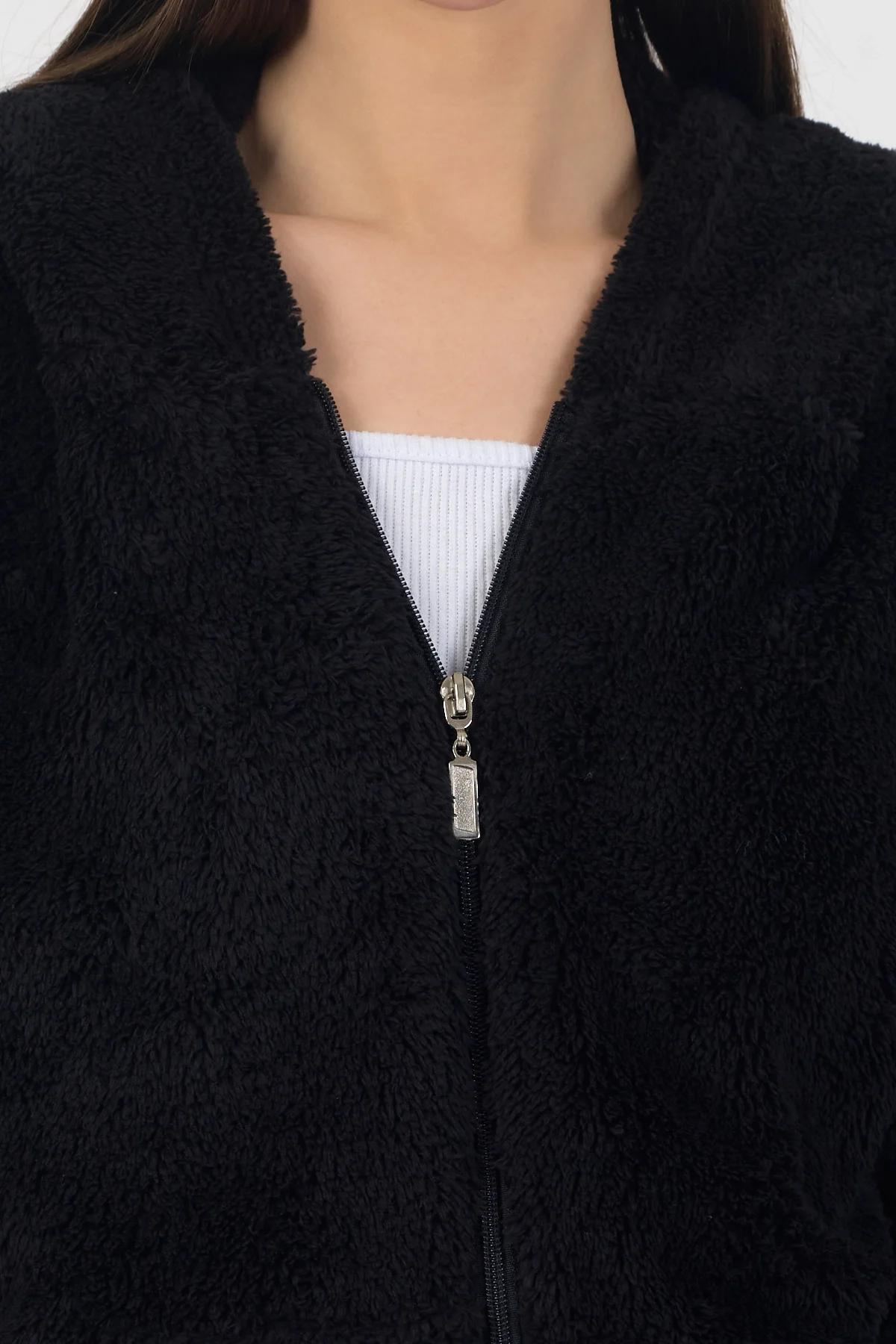 Kadın Kapüşonlu Fermuarlı Welsoft Yumuşak Kumaş Siyah Peluş Polar