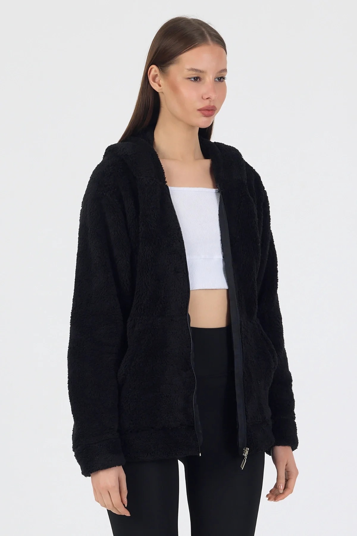 Kadın Kapüşonlu Fermuarlı Welsoft Yumuşak Kumaş Siyah Peluş Polar