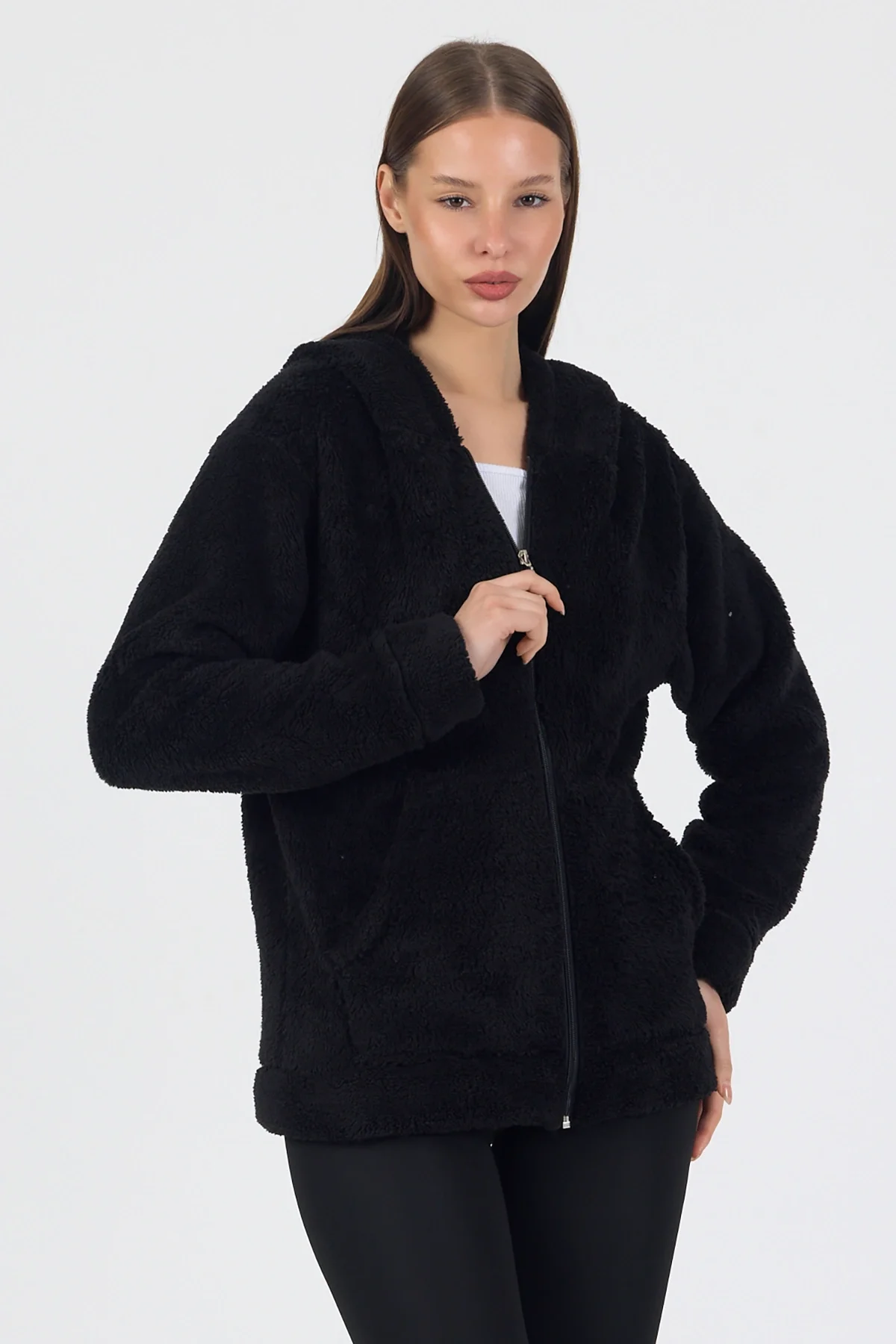 Kadın Kapüşonlu Fermuarlı Welsoft Yumuşak Kumaş Siyah Peluş Polar