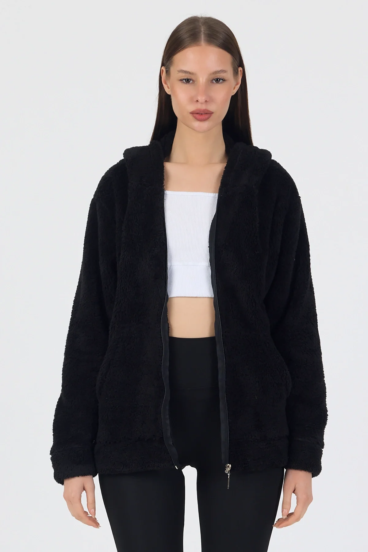 Kadın Kapüşonlu Fermuarlı Welsoft Yumuşak Kumaş Siyah Peluş Polar