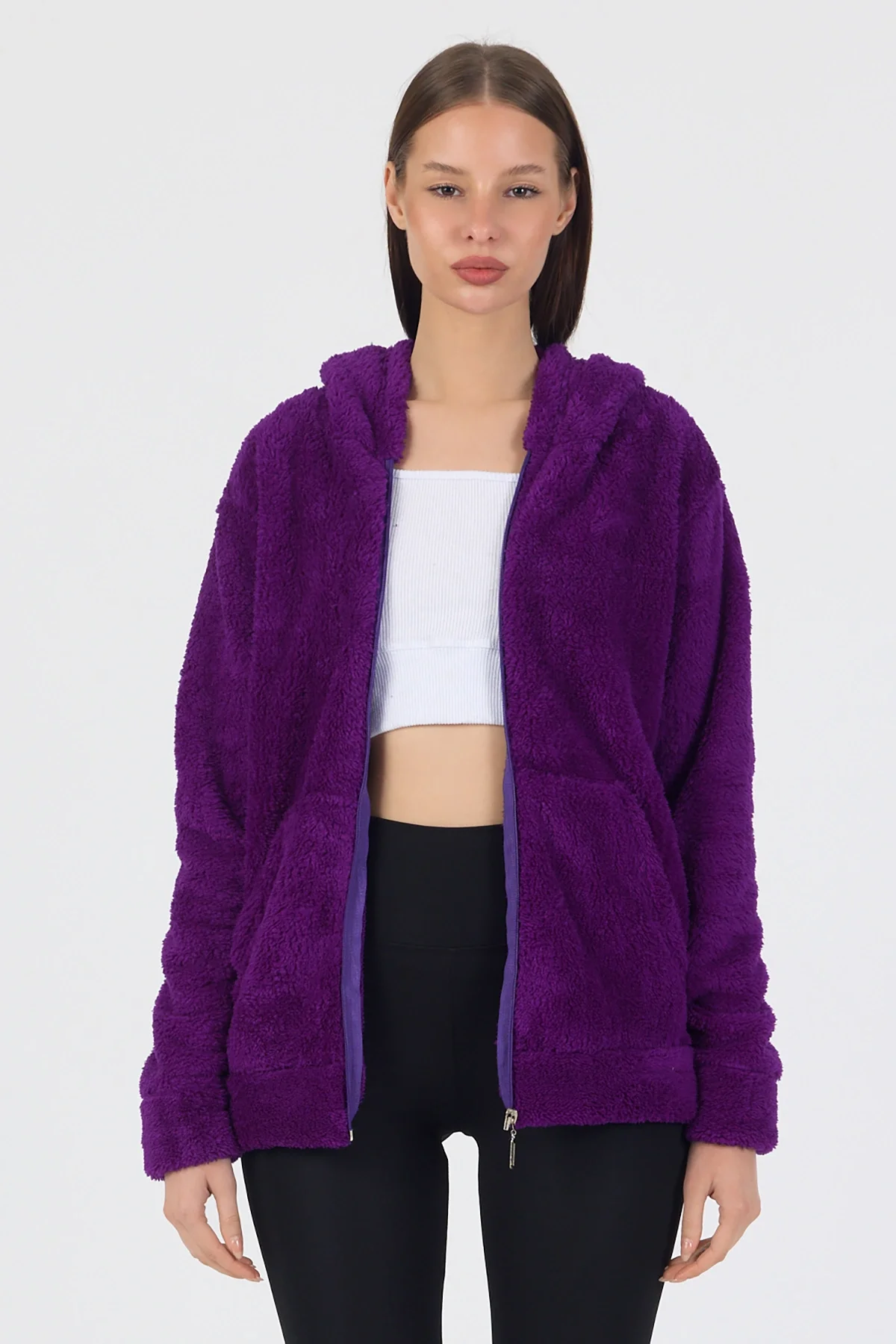 Kadın Kapüşonlu Fermuarlı Welsoft Yumuşak Kumaş Mor Peluş Polar