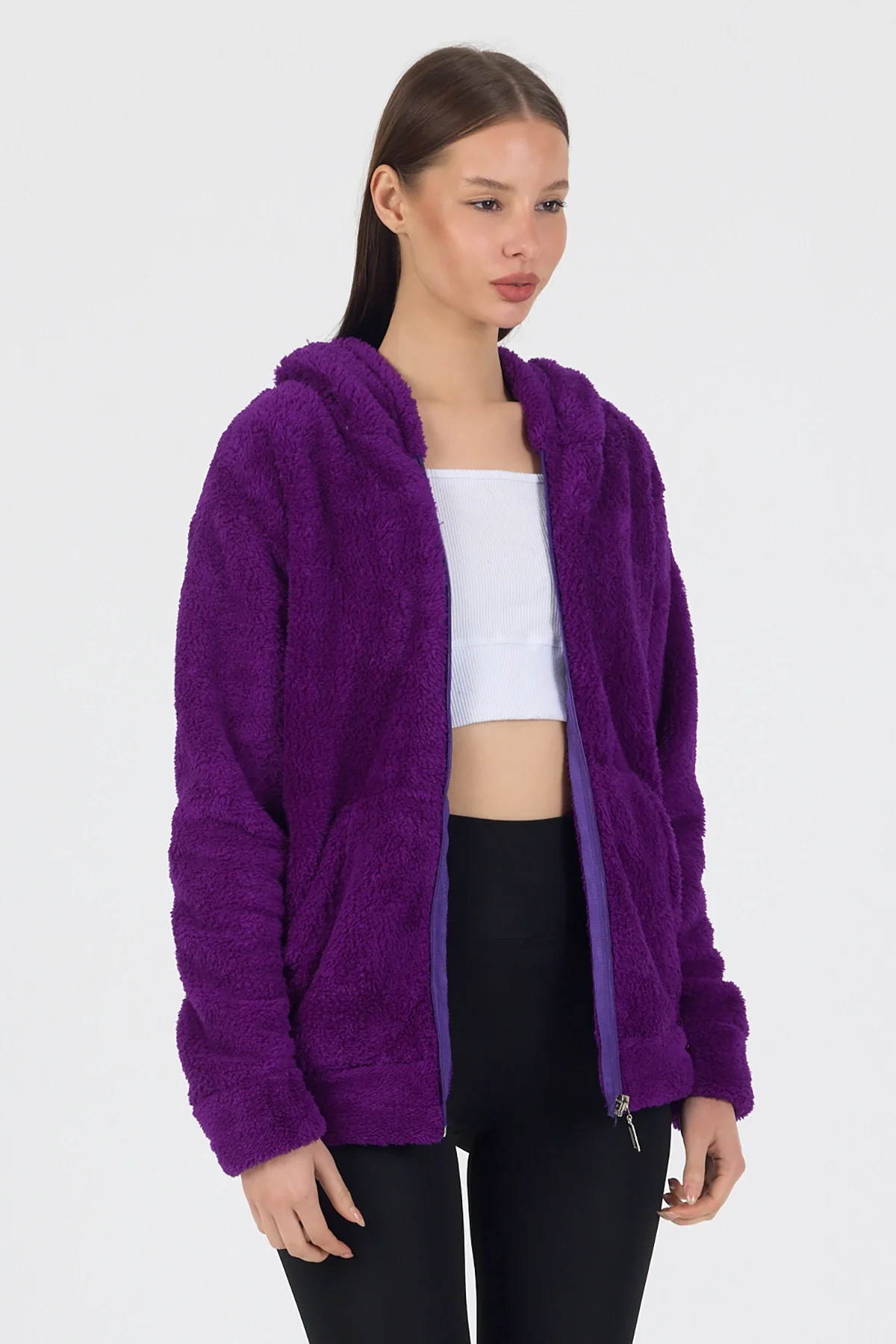 Kadın Kapüşonlu Fermuarlı Welsoft Yumuşak Kumaş Mor Peluş Polar