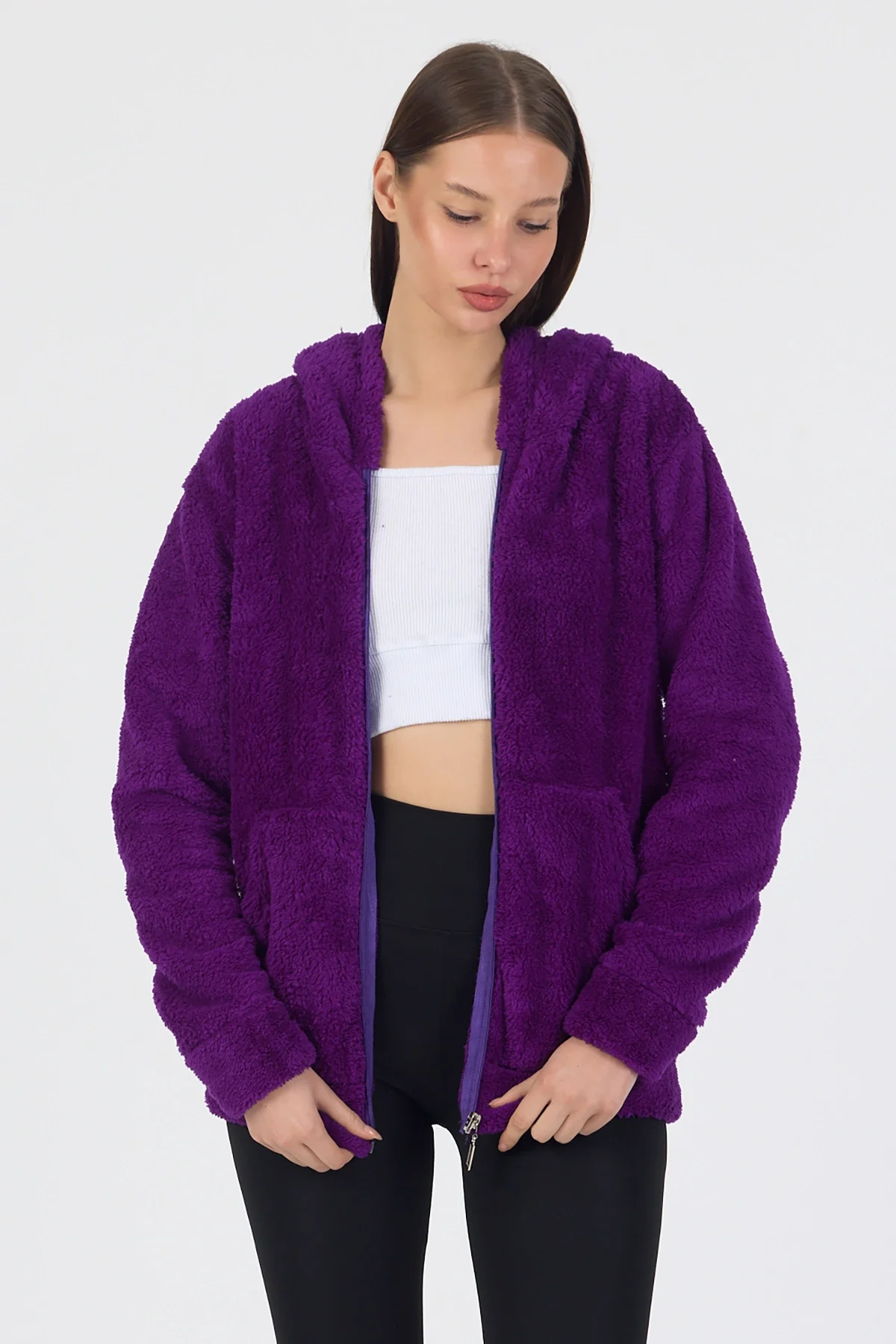 Kadın Kapüşonlu Fermuarlı Welsoft Yumuşak Kumaş Mor Peluş Polar