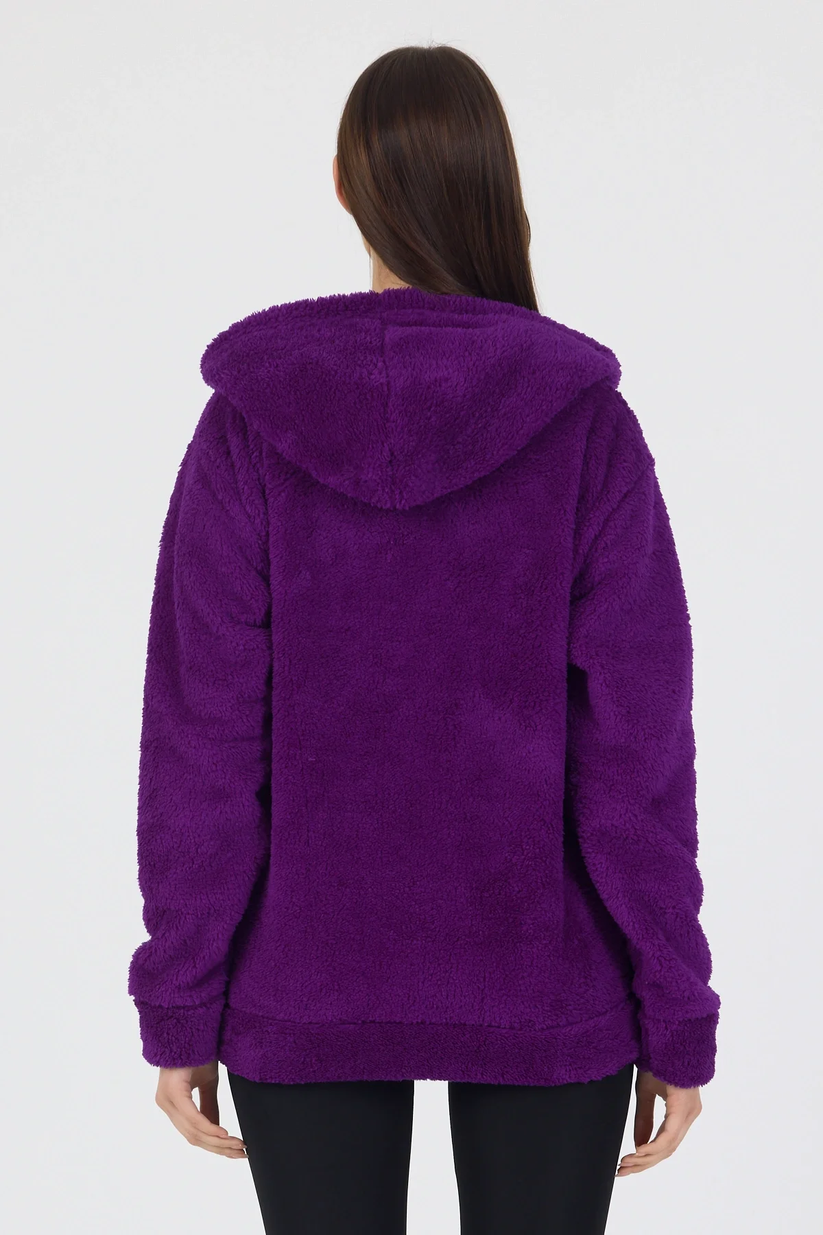 Kadın Kapüşonlu Fermuarlı Welsoft Yumuşak Kumaş Mor Peluş Polar