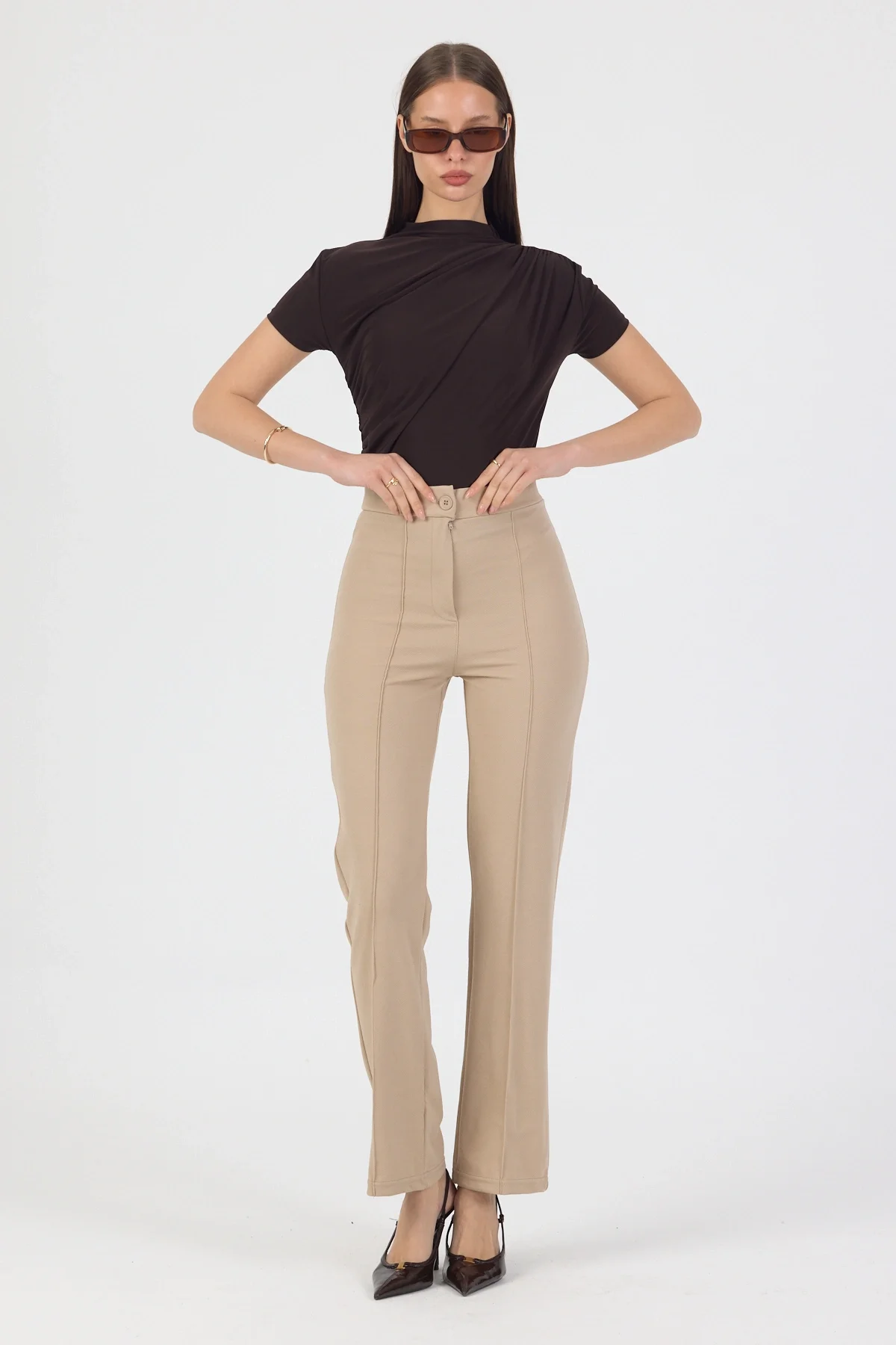 Kadın Likralı Önü Çimalı Krem Kadın Palazzo Pantolon