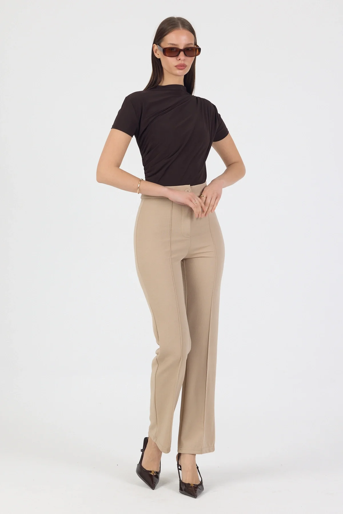 Kadın Likralı Önü Çimalı Krem Kadın Palazzo Pantolon