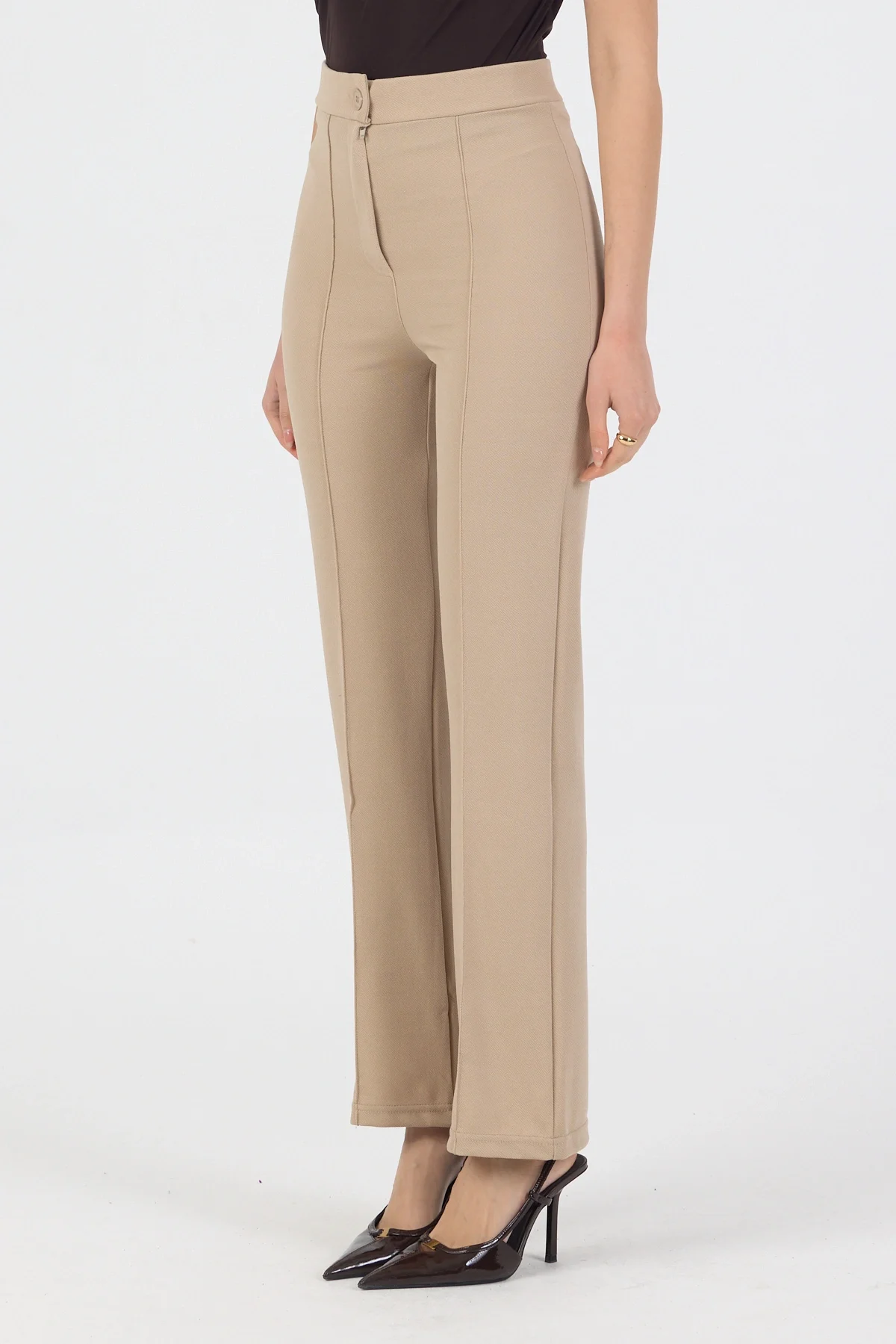 Kadın Likralı Önü Çimalı Krem Kadın Palazzo Pantolon