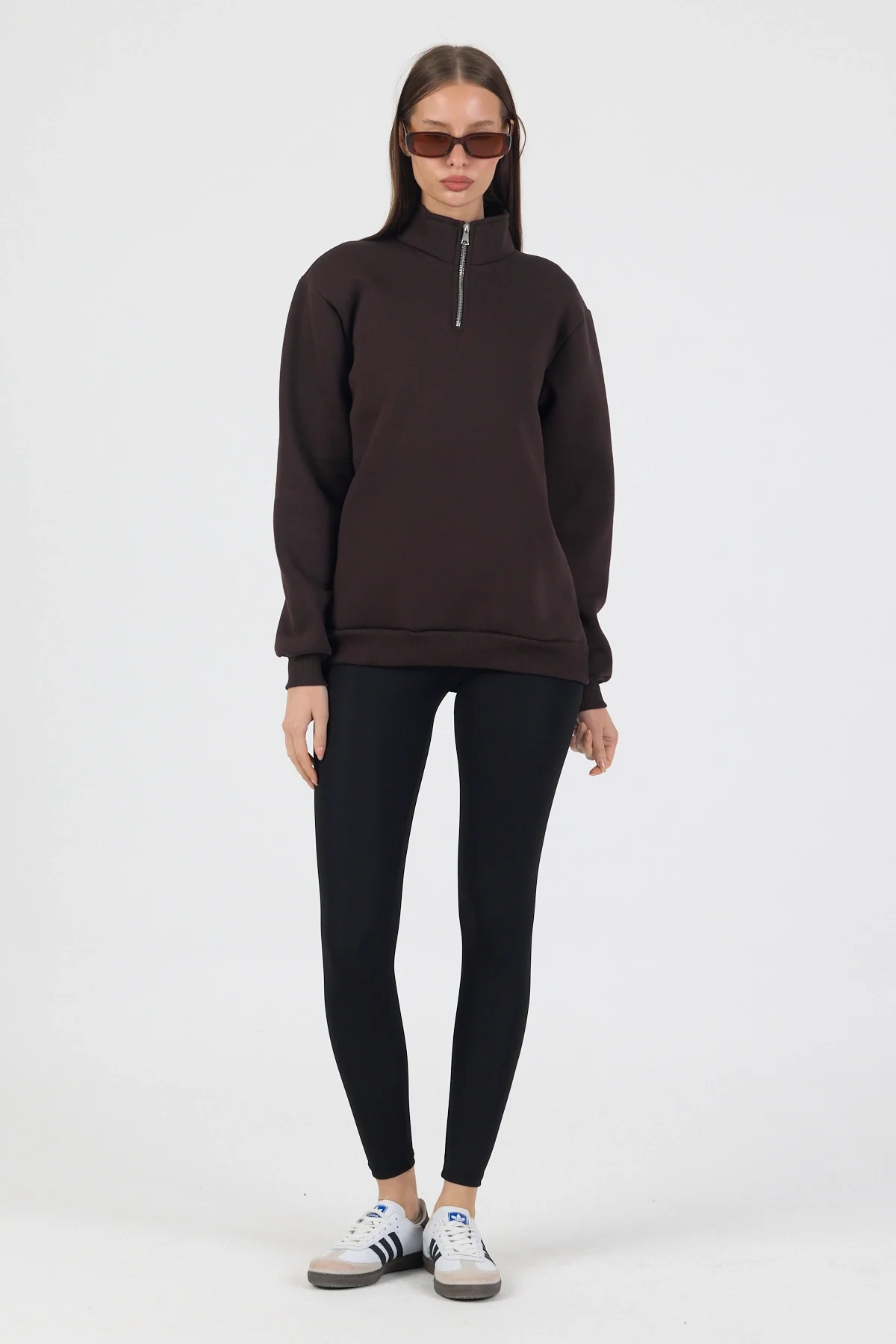 Unisex Balıkçı Yaka 3 İplik İçi Polarlı Şardonlu Oversize Kahve Sweatshirt