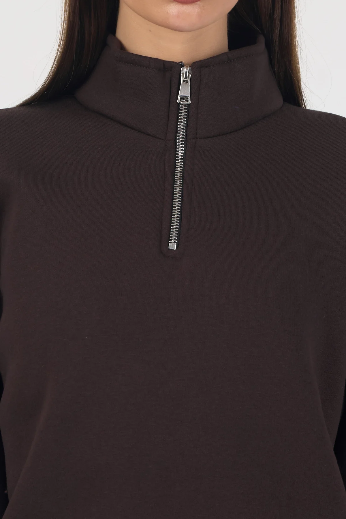 Unisex Balıkçı Yaka 3 İplik İçi Polarlı Şardonlu Oversize Kahve Sweatshirt