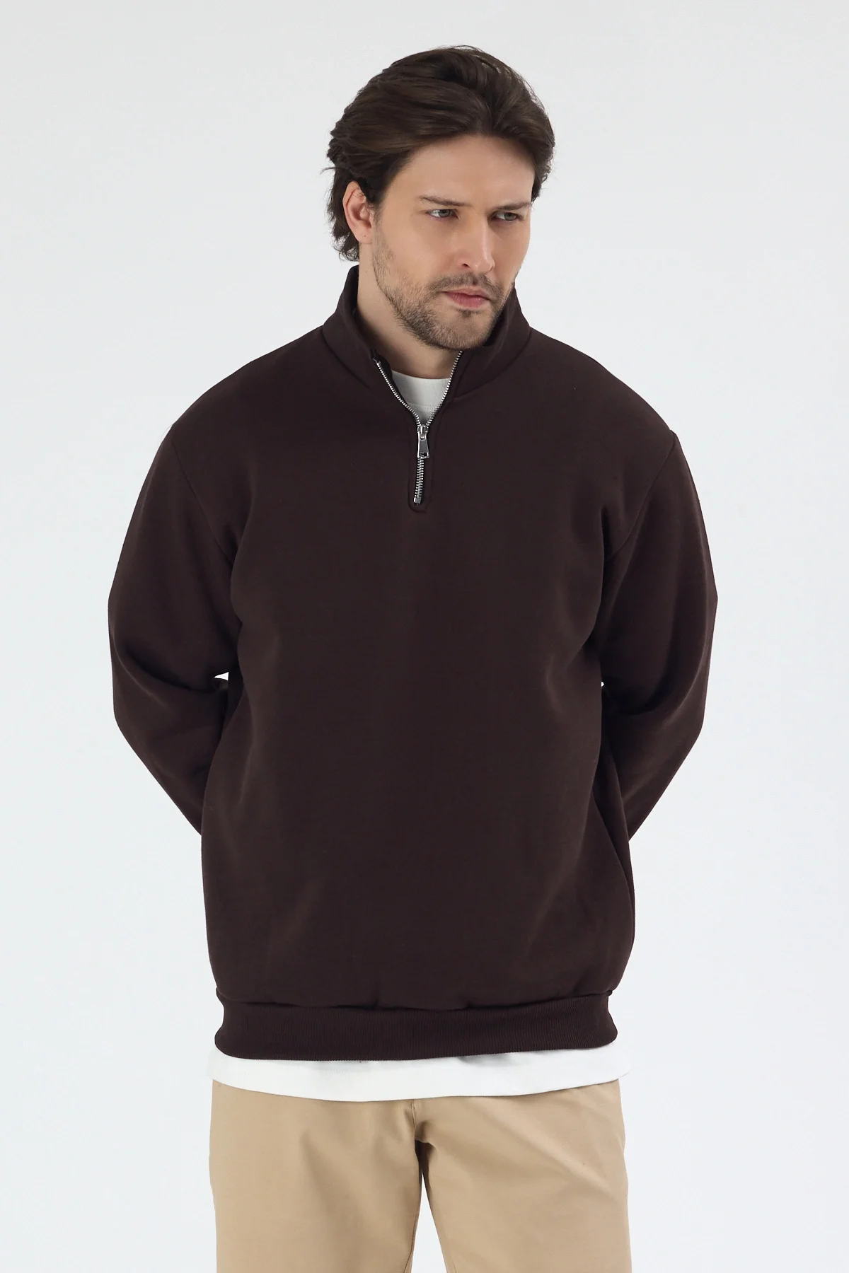 Unisex Balıkçı Yaka 3 İplik İçi Polarlı Şardonlu Oversize Kahve Sweatshirt