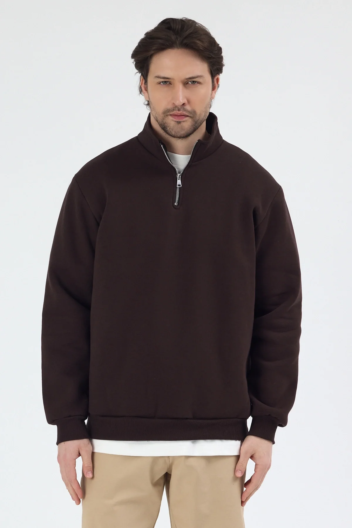 Unisex Balıkçı Yaka 3 İplik İçi Polarlı Şardonlu Oversize Kahve Sweatshirt